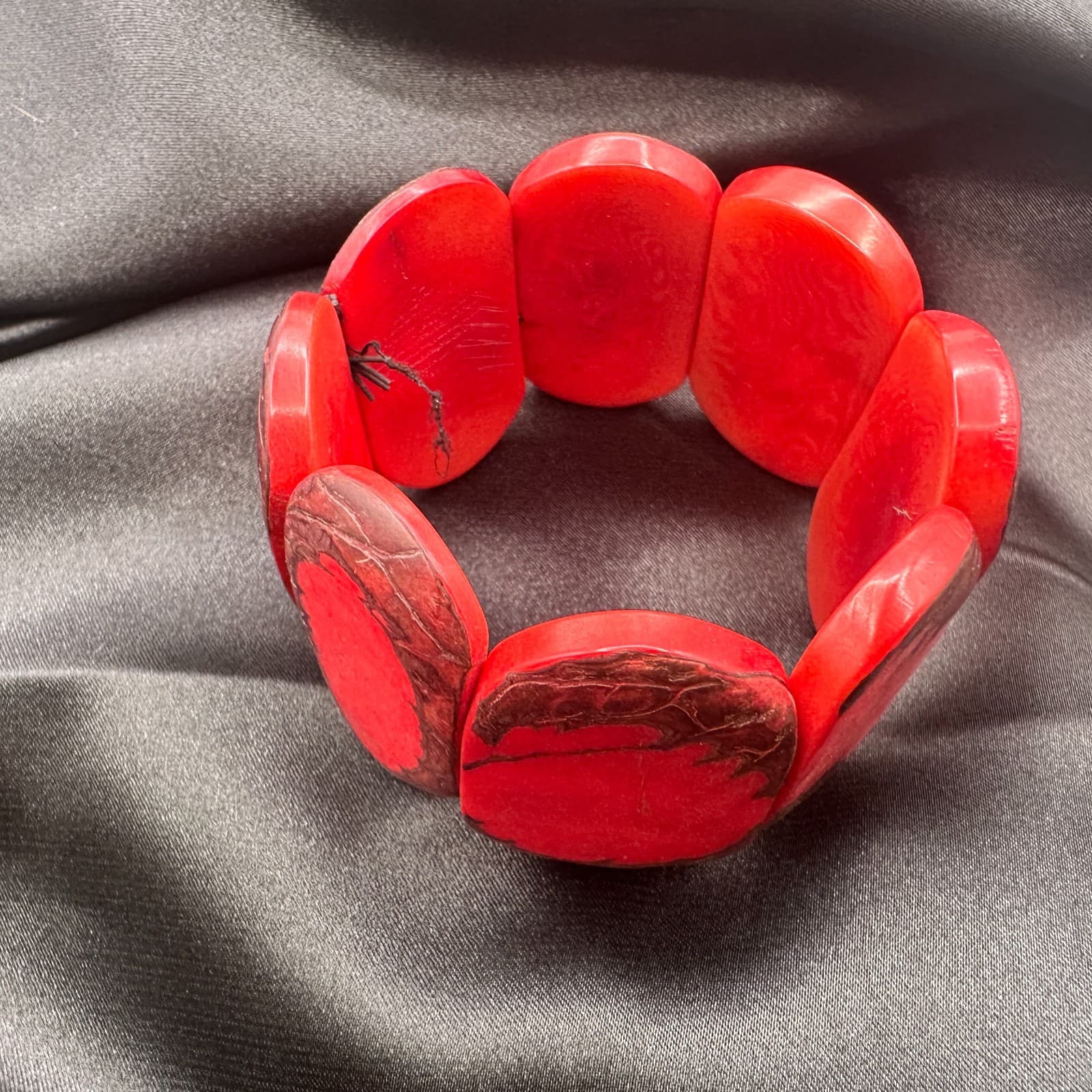Vintage 90s Red Tagua Nut Elastic Stretch Chunky Boho Statement Cuff Bracelet - Thumbnail 6