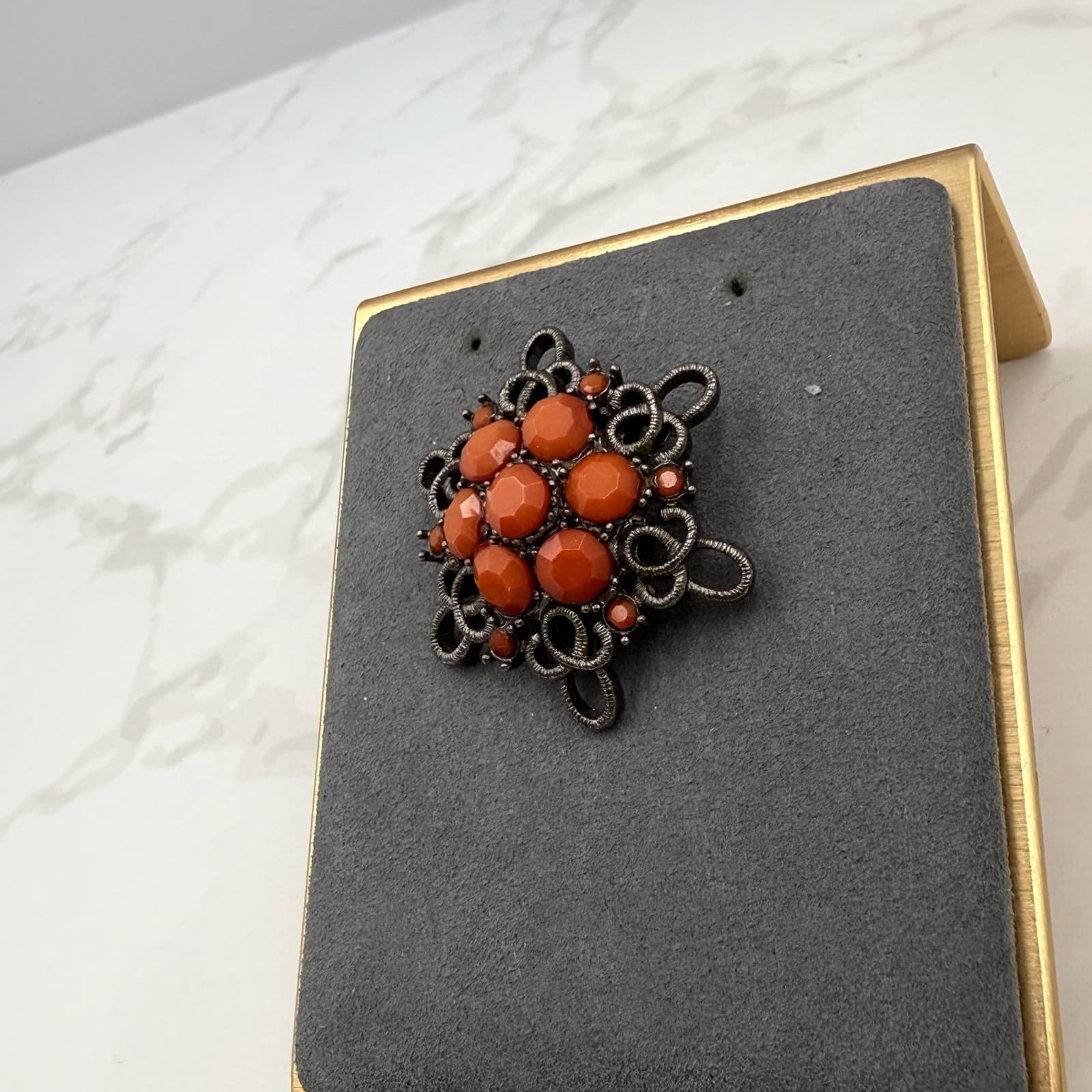 Vintage Orange Elaborate Coral Rhinestones Silver-Toned Curved Flower Shaped - Thumbnail 3