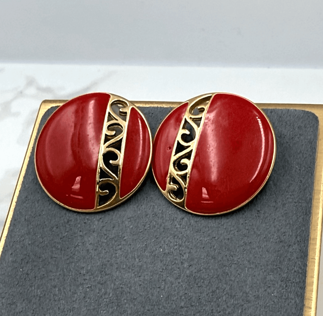 Vintage Monet Red Gold-Toned Classic Fashion Retro Enamel Clip-On Stud Earrings - Image 1