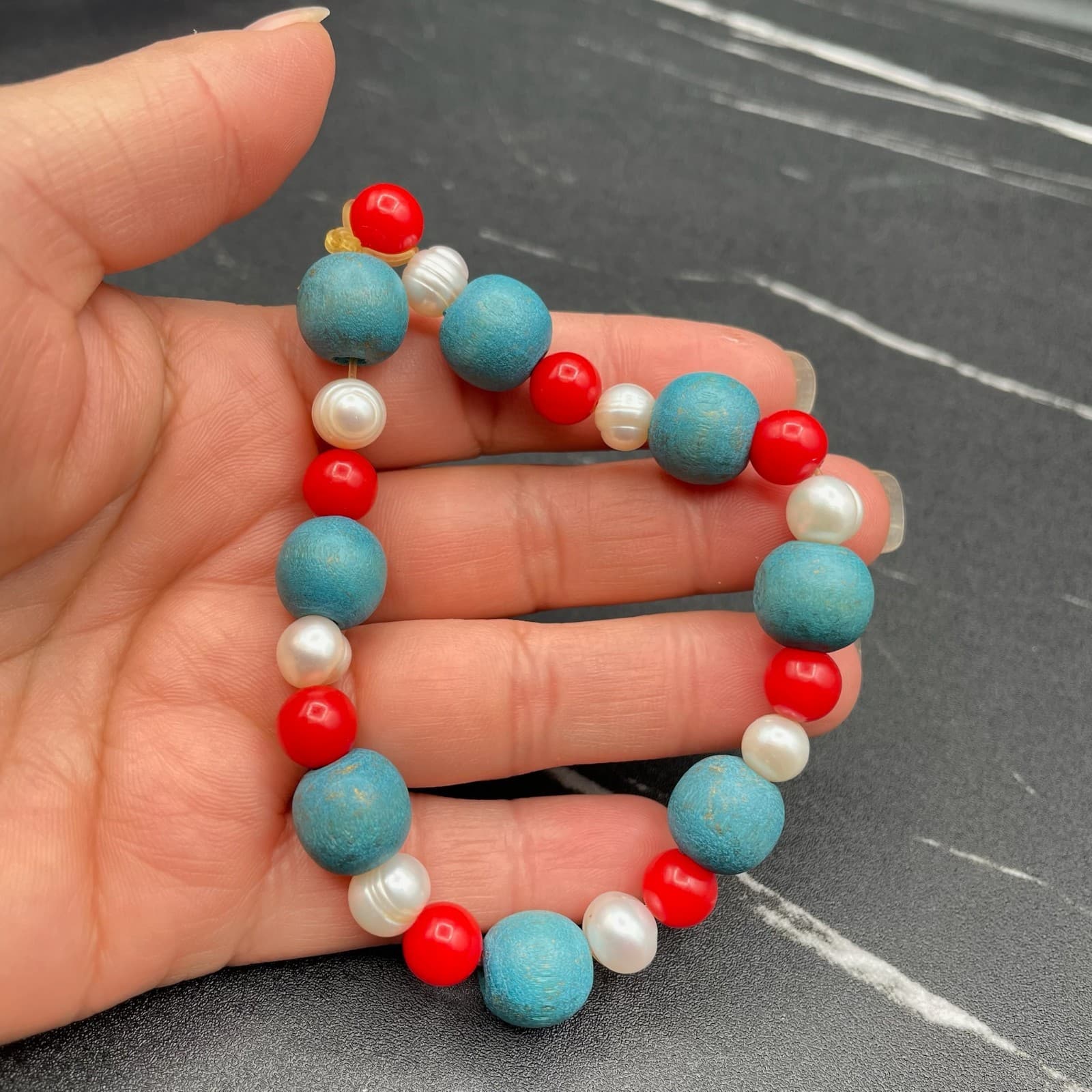 Vintage White Red Plastic Blue Wood Painted Round Elegant Beaded Bracelet - Image 1