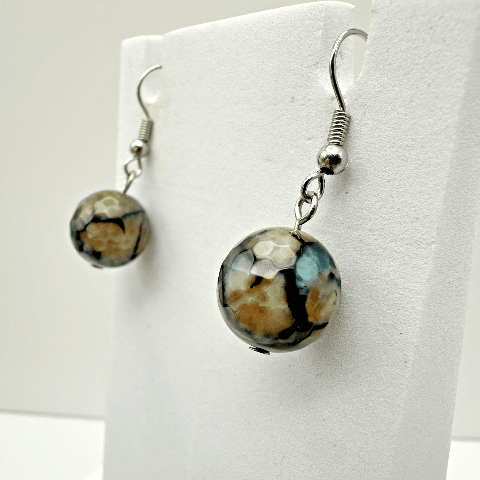 VTG Multi Round Bead Dangle Earrings Crackle Stone Silver Tone Women's Jewellery - Thumbnail 3