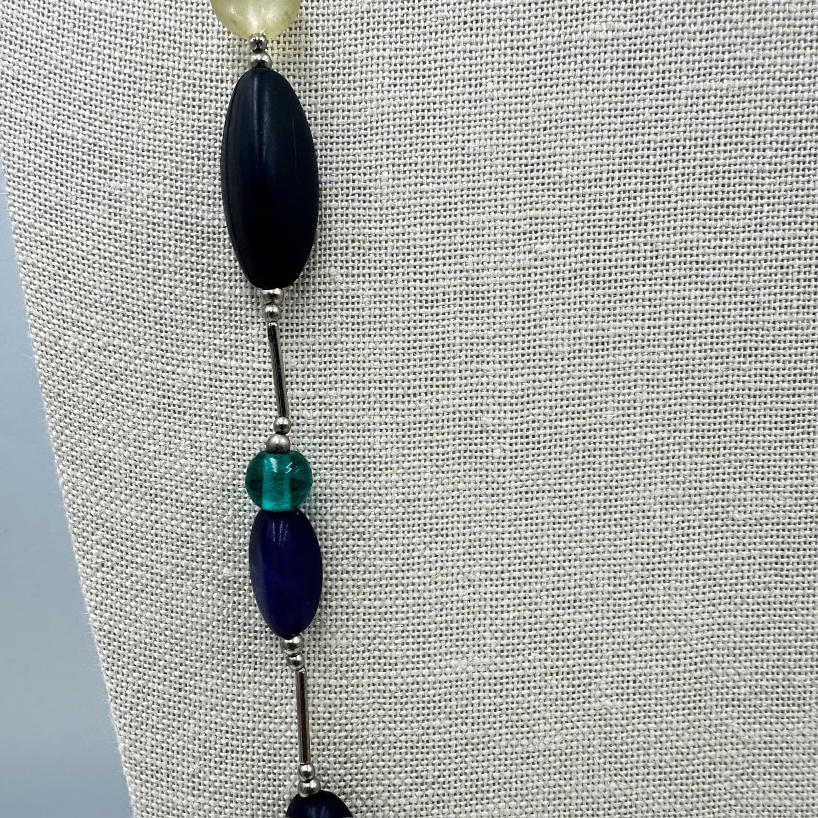 Vintage Silver-Tone Blue Mother Of Pearl Matinee Beaded Statement Necklace - Thumbnail 4