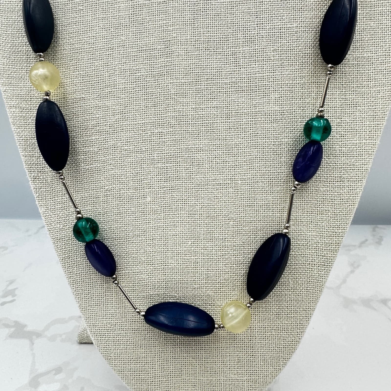 Vintage Silver-Tone Blue Mother Of Pearl Matinee Beaded Statement Necklace - Thumbnail 2