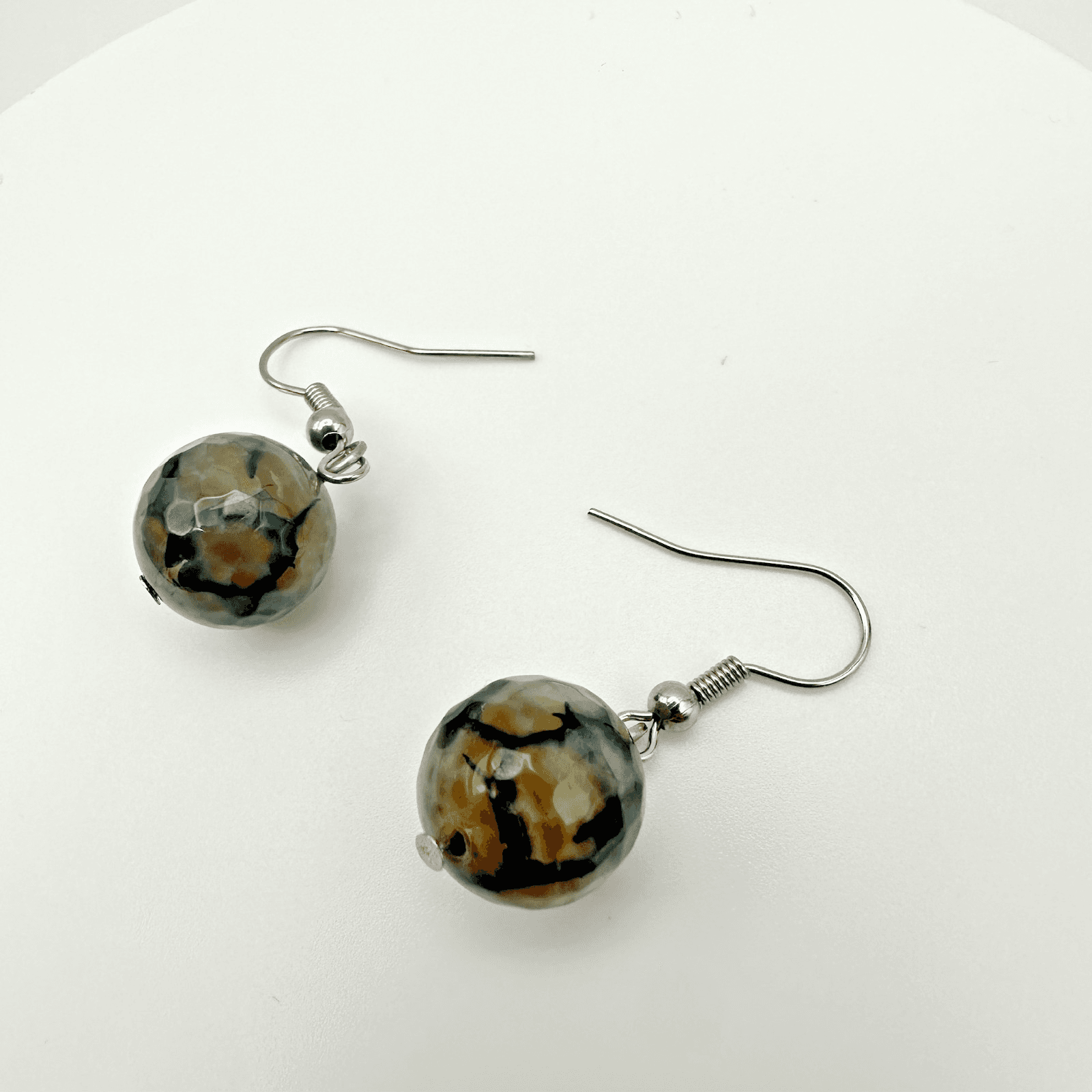 VTG Multi Round Bead Dangle Earrings Crackle Stone Silver Tone Women's Jewellery - Thumbnail 5