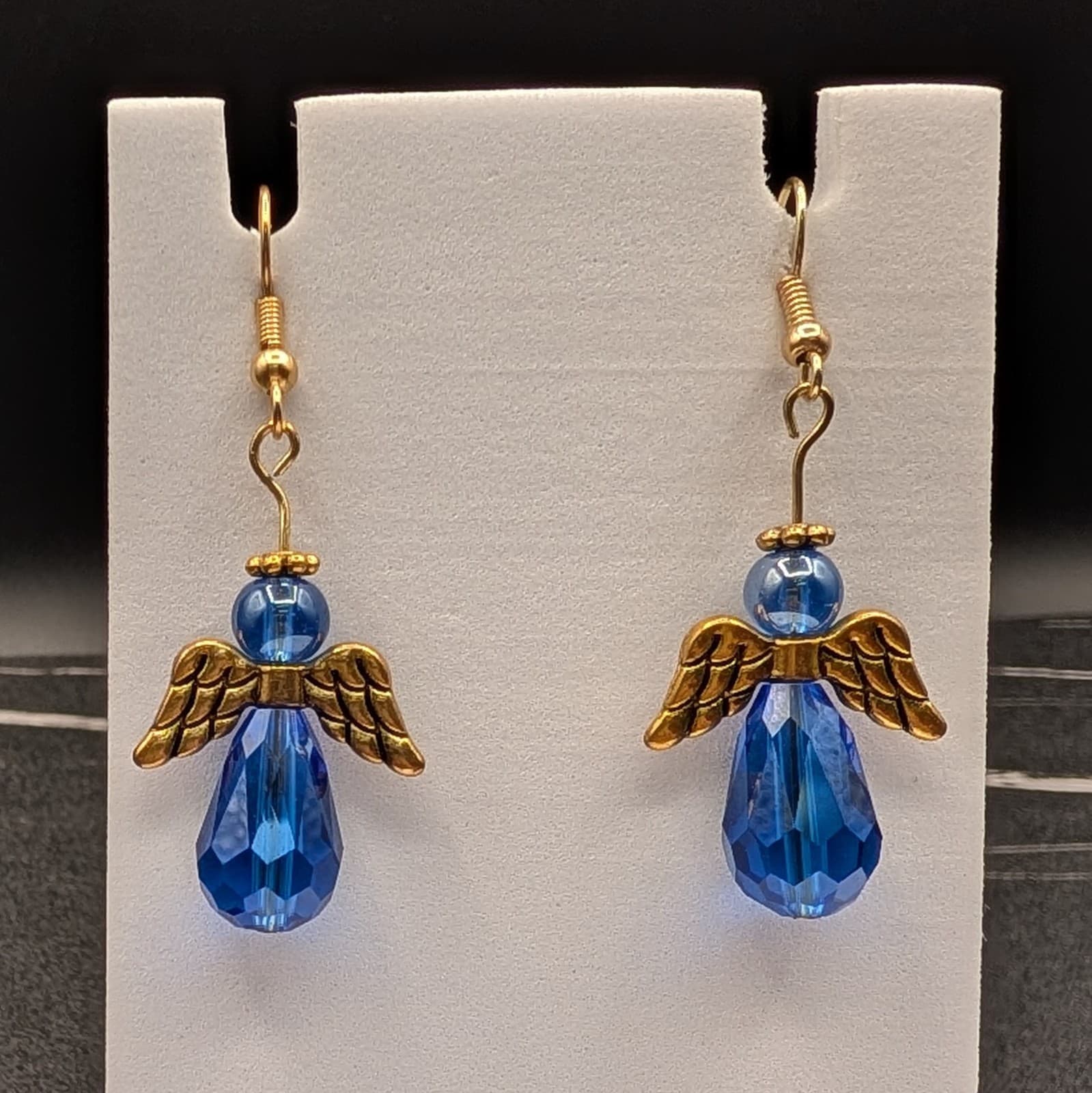 Vintage Blue Crystal Angel Dangle Earrings Gold Tone Wings Holiday Spiritual - Image 1