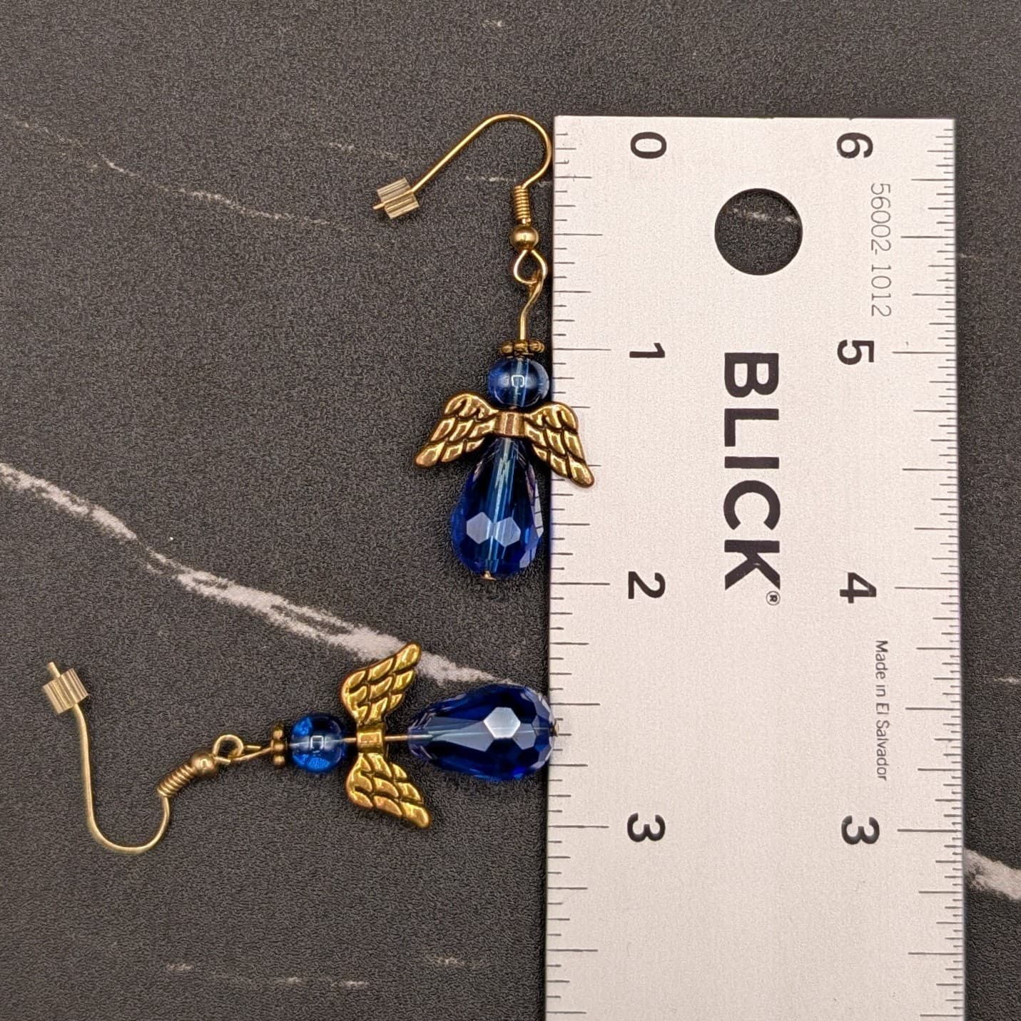 Vintage Blue Crystal Angel Dangle Earrings Gold Tone Wings Holiday Spiritual - Thumbnail 6