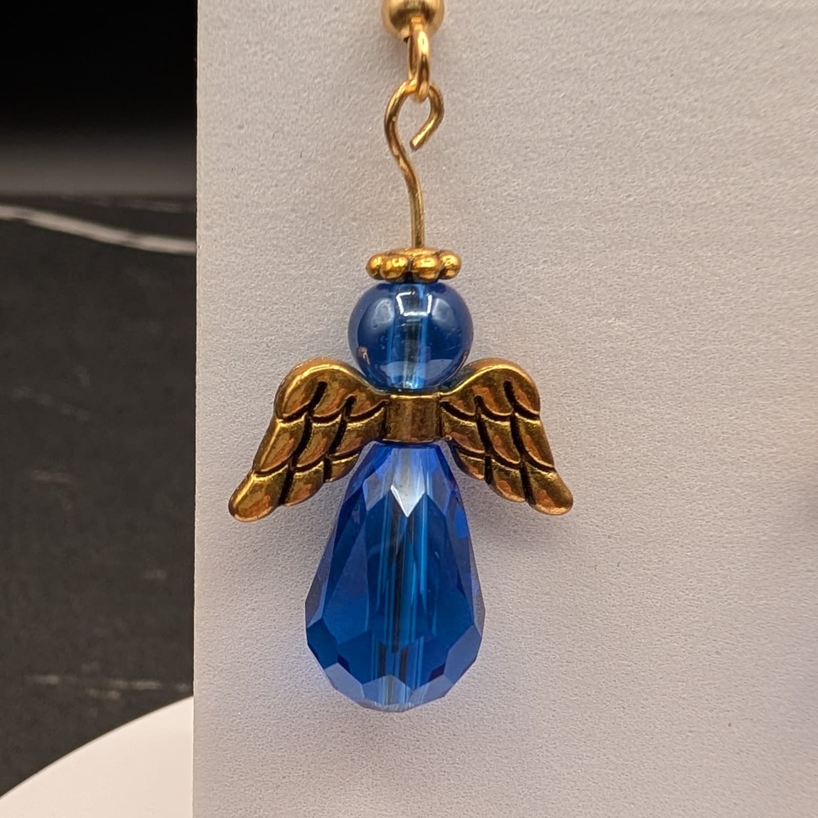 Vintage Blue Crystal Angel Dangle Earrings Gold Tone Wings Holiday Spiritual - Thumbnail 5