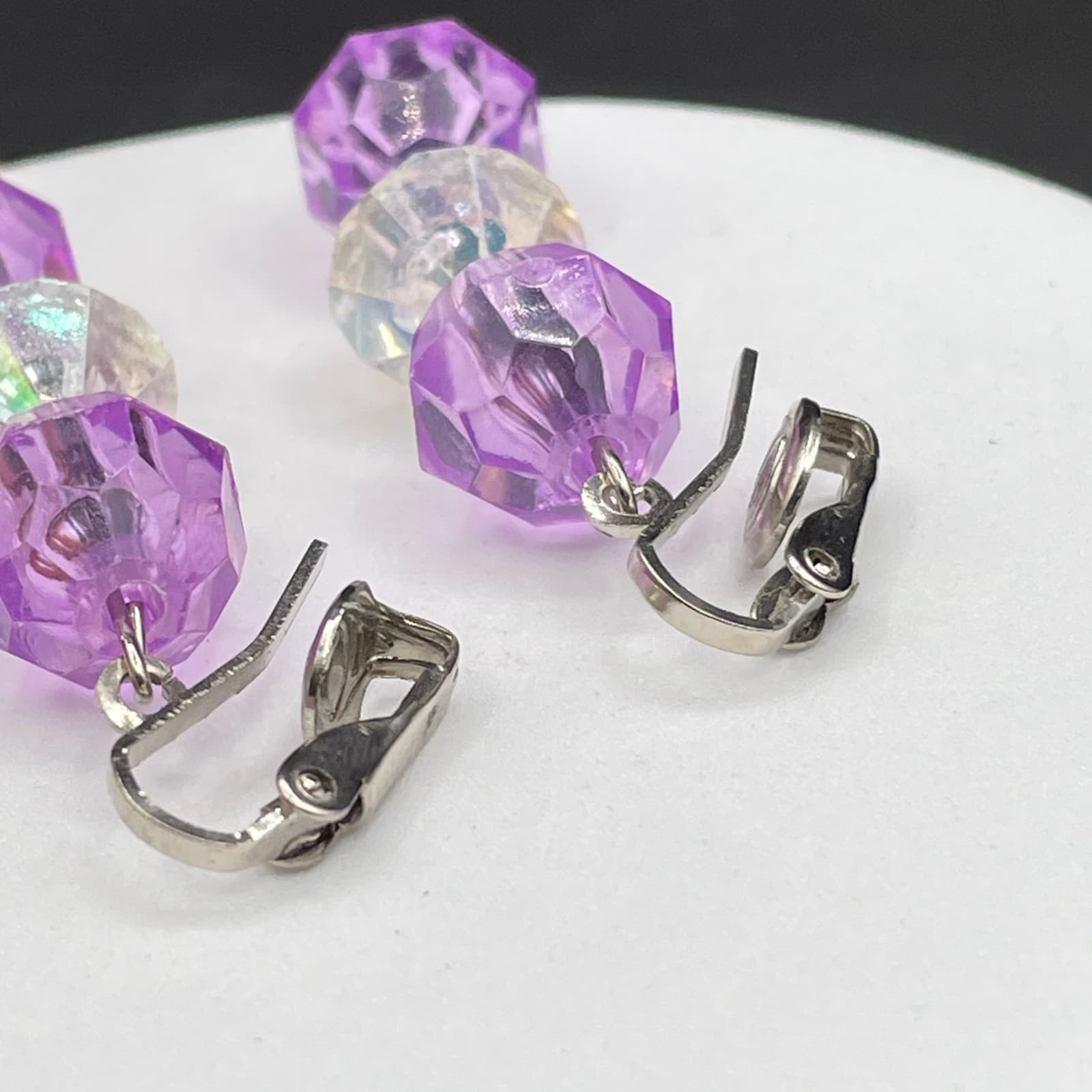Vintage Lavender Translucent Faceted Beads Silver-Tone Plastic Clip-On Earrings - Thumbnail 8
