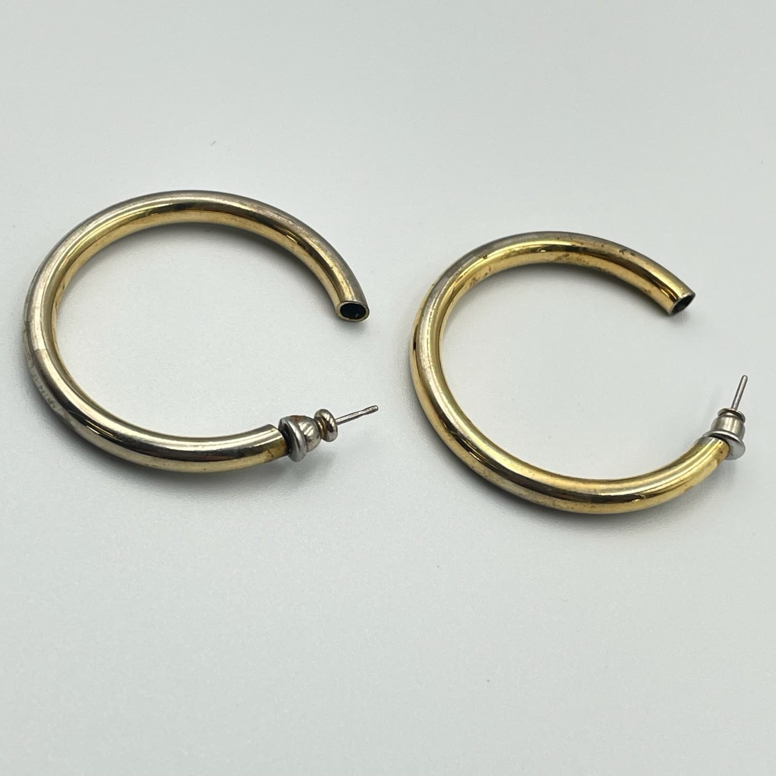 Vintage Thick Tube C-Hoop Earrings Gold/Silver Tone Post Modernist - Thumbnail 3