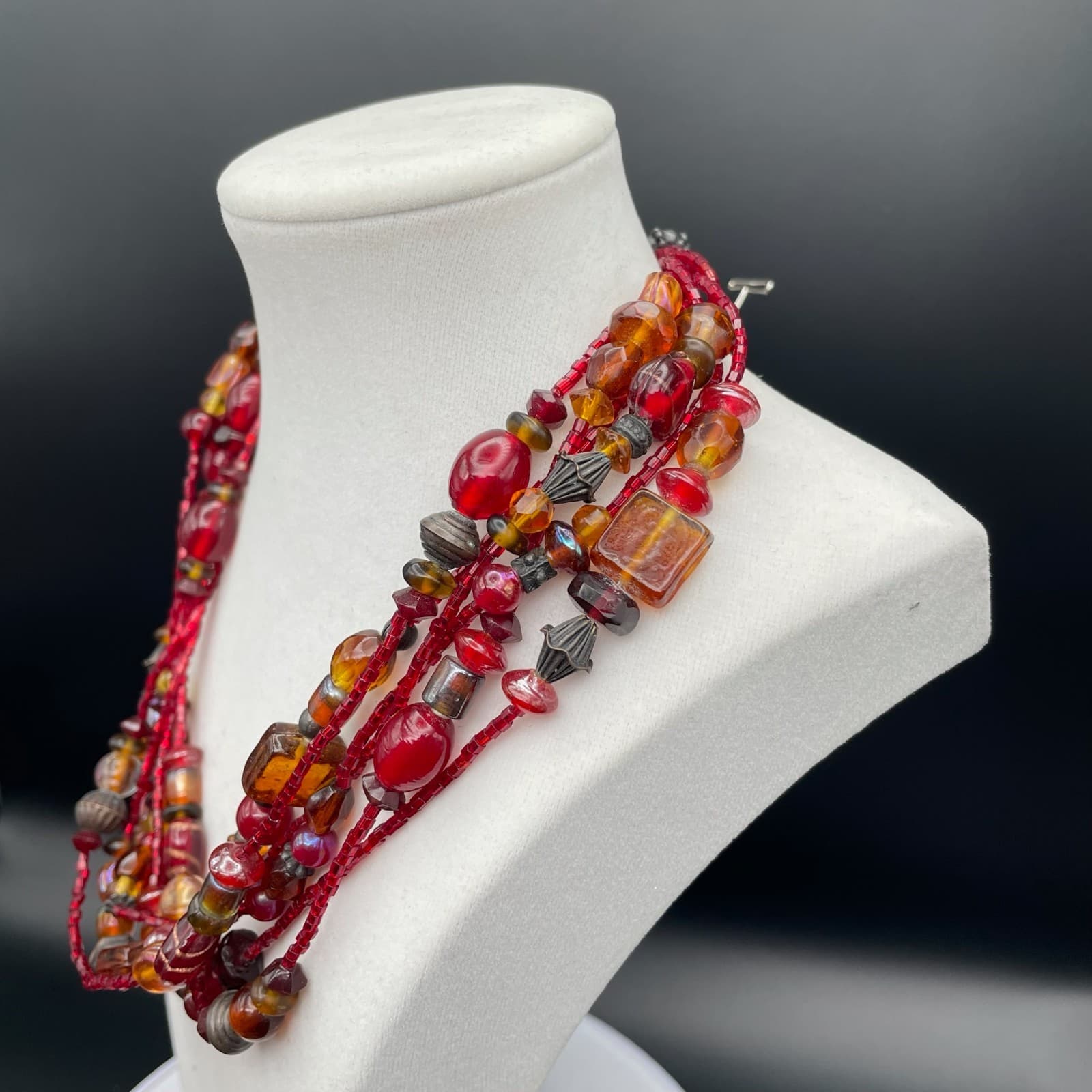 Vintage Multi Strand Red Amber Glass Seed Bead Statement Choker Necklace 20 in - Thumbnail 5