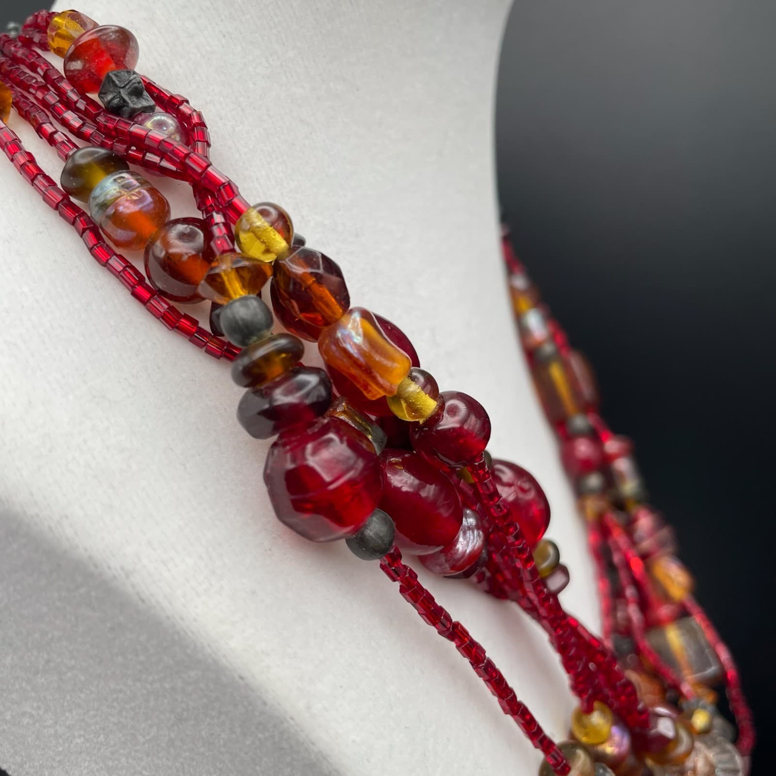 Vintage Multi Strand Red Amber Glass Seed Bead Statement Choker Necklace 20 in - Thumbnail 8