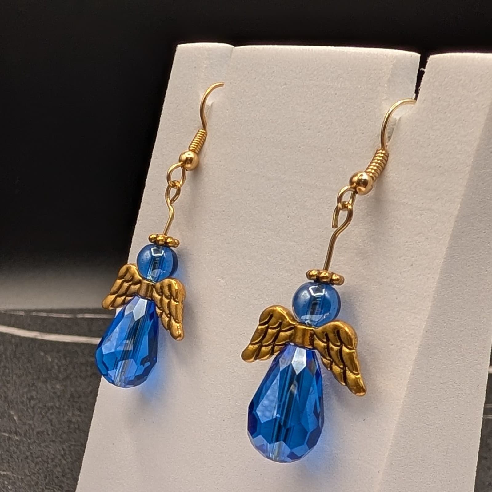 Vintage Blue Crystal Angel Dangle Earrings Gold Tone Wings Holiday Spiritual - Thumbnail 2