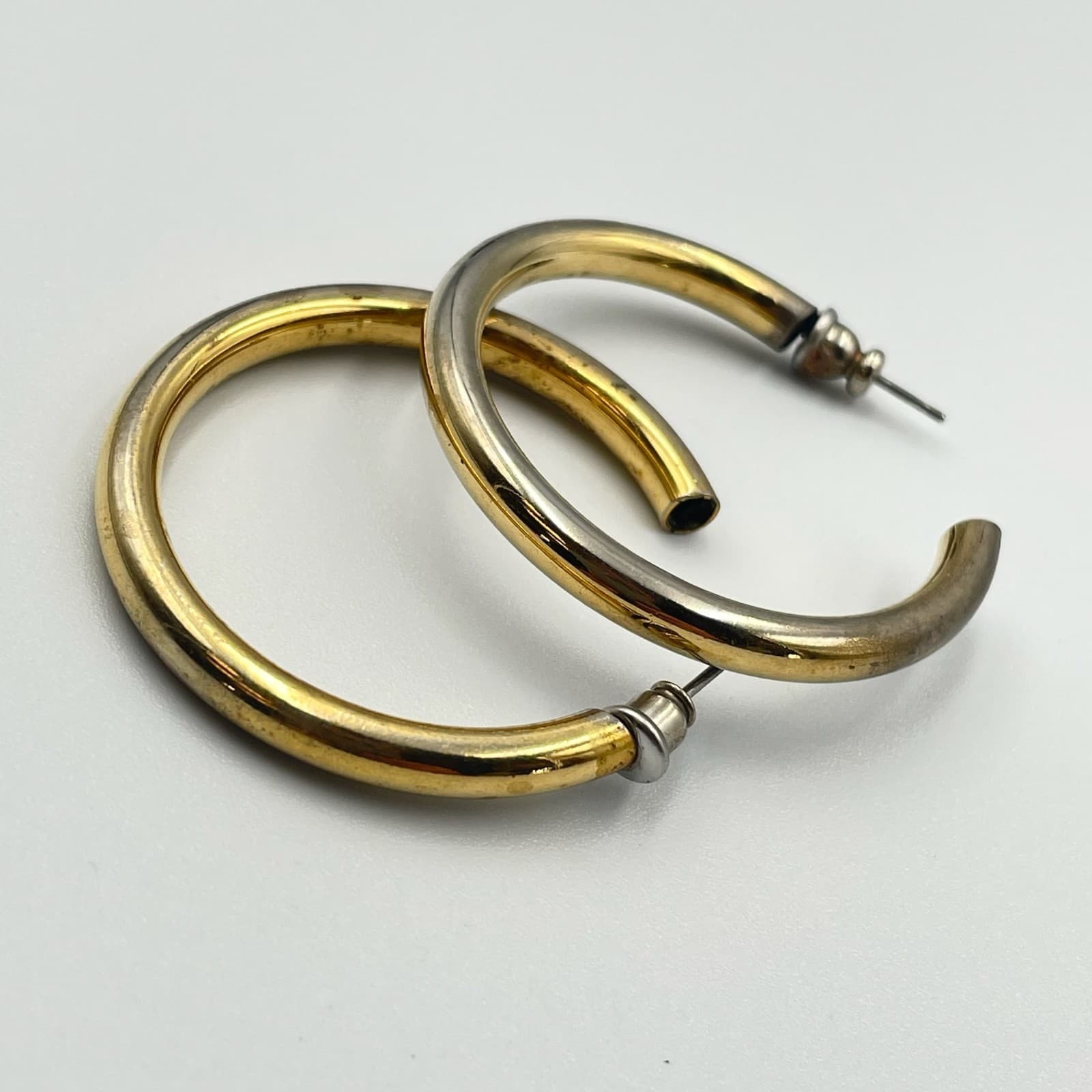 Vintage Thick Tube C-Hoop Earrings Gold/Silver Tone Post Modernist - Image 1