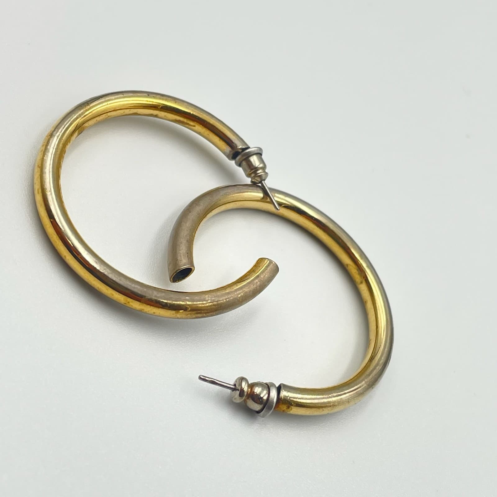 Vintage Thick Tube C-Hoop Earrings Gold/Silver Tone Post Modernist - Thumbnail 6