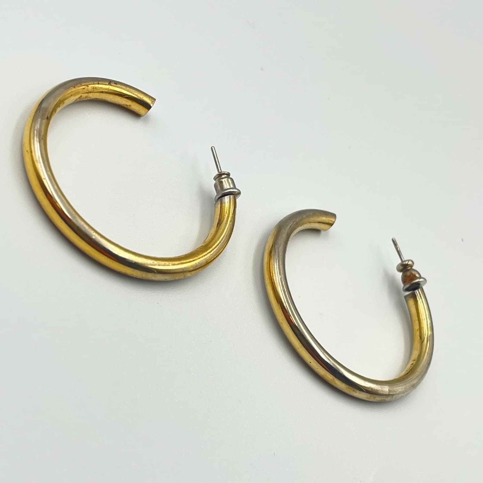 Vintage Thick Tube C-Hoop Earrings Gold/Silver Tone Post Modernist - Thumbnail 9