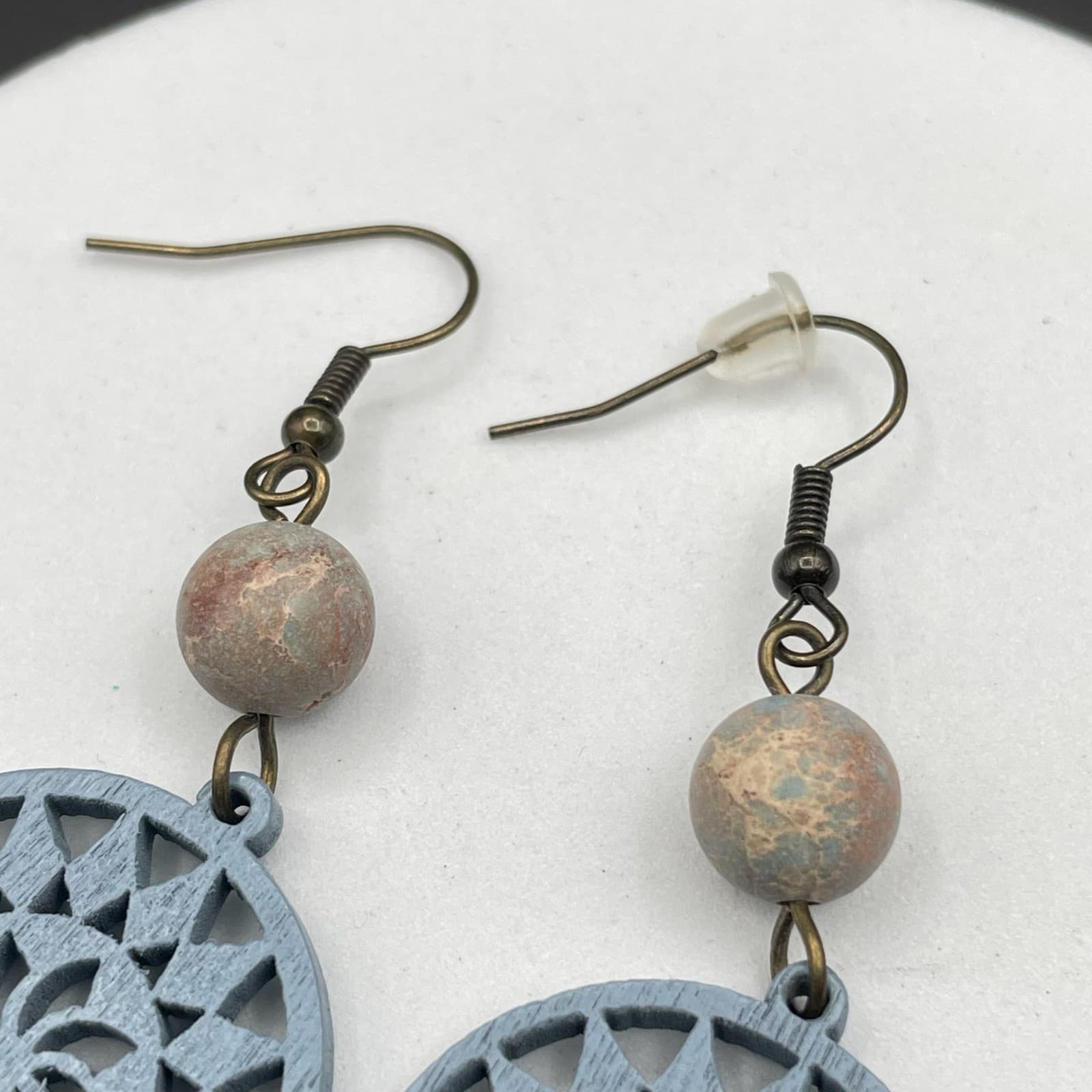 Vintage Blue Wooden Circle Clay Gold-Tone Floral Mandala Dangle Earrings - Thumbnail 4