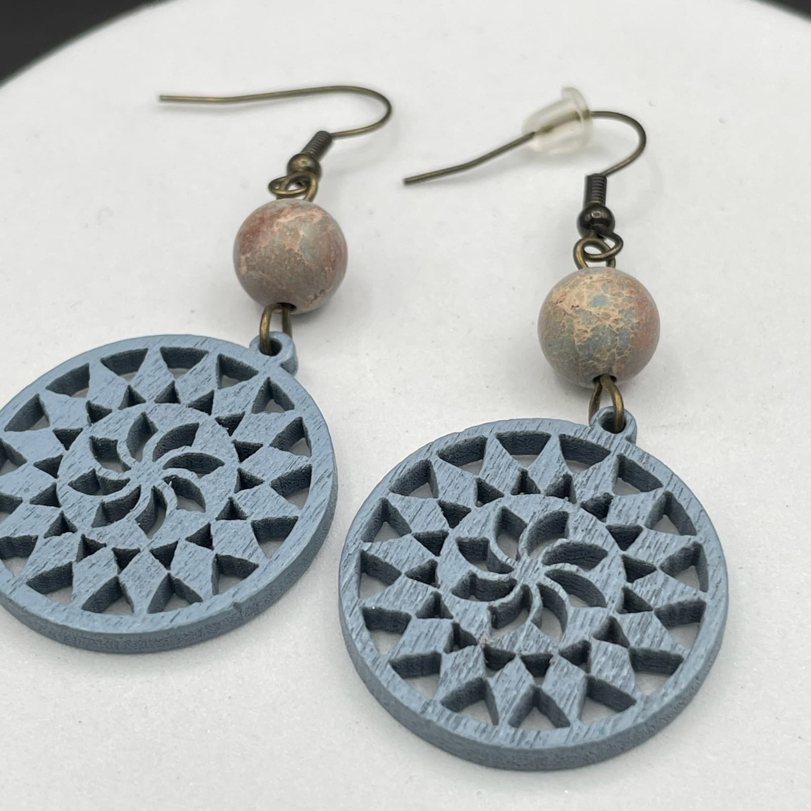 Vintage Blue Wooden Circle Clay Gold-Tone Floral Mandala Dangle Earrings - Thumbnail 2