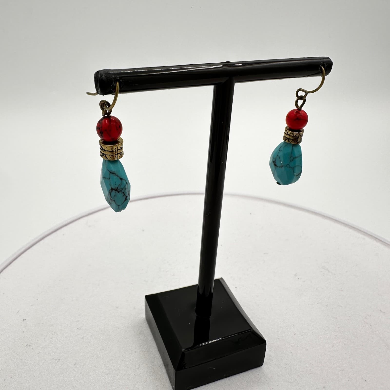 Vintage Turquoise Teardrop & Red Bead Boho Dangle Earrings Southwest Style - Image 1