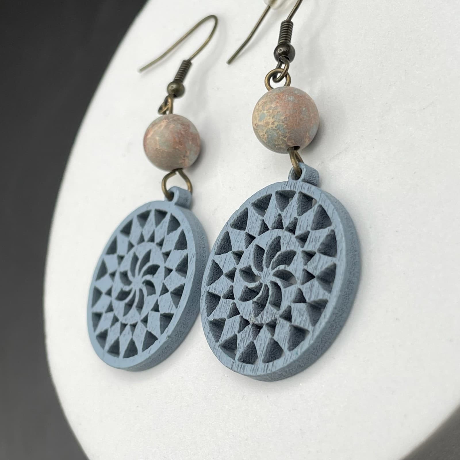 Vintage Blue Wooden Circle Clay Gold-Tone Floral Mandala Dangle Earrings - Thumbnail 5