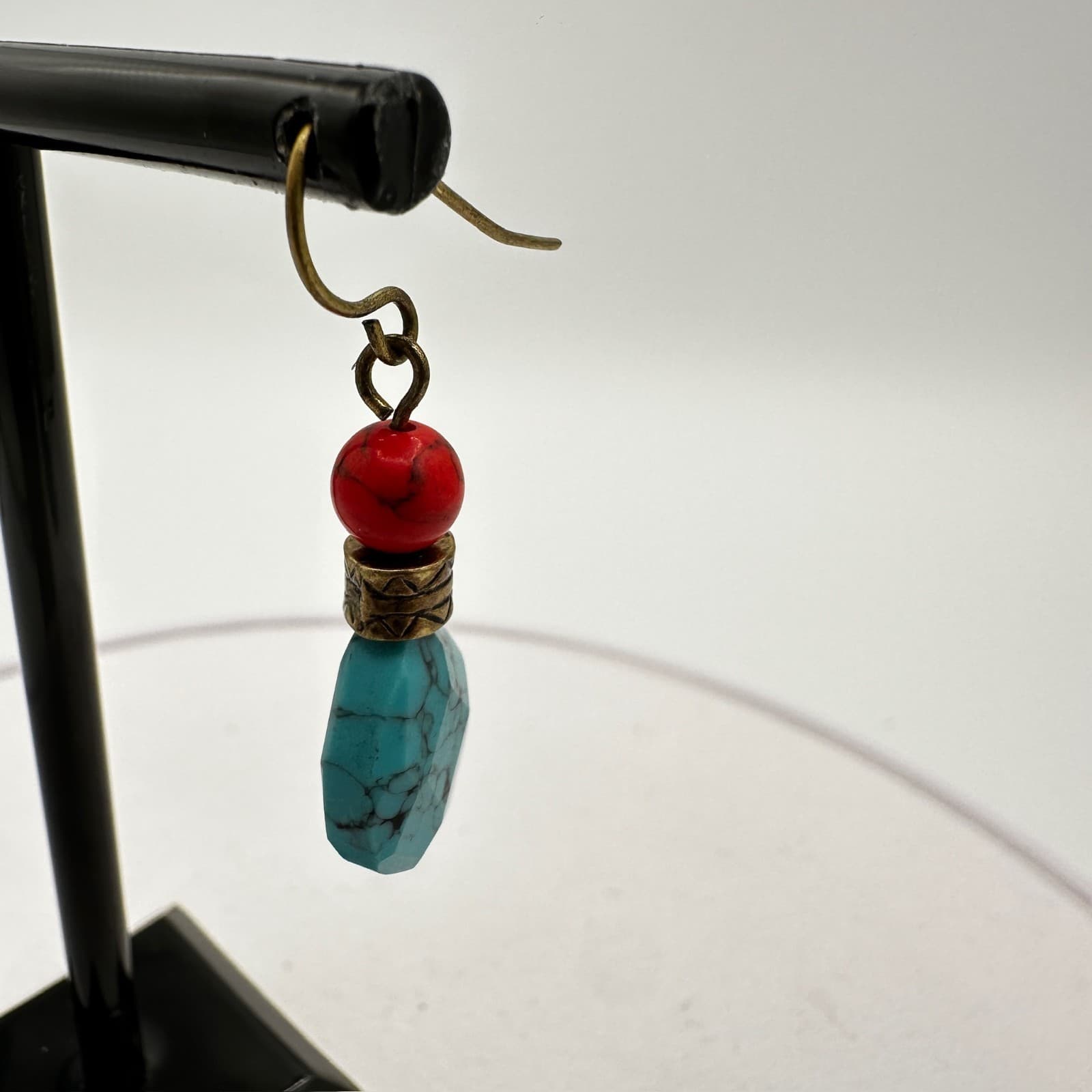 Vintage Turquoise Teardrop & Red Bead Boho Dangle Earrings Southwest Style - Thumbnail 4