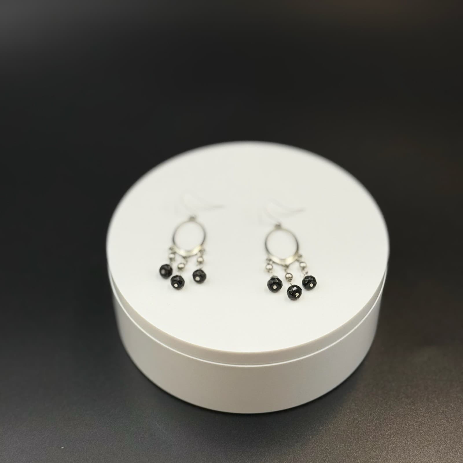 Vintage Victorian Revival Silver Tone Black Faceted Bead Dangle Hoop Chandelier - Thumbnail 4