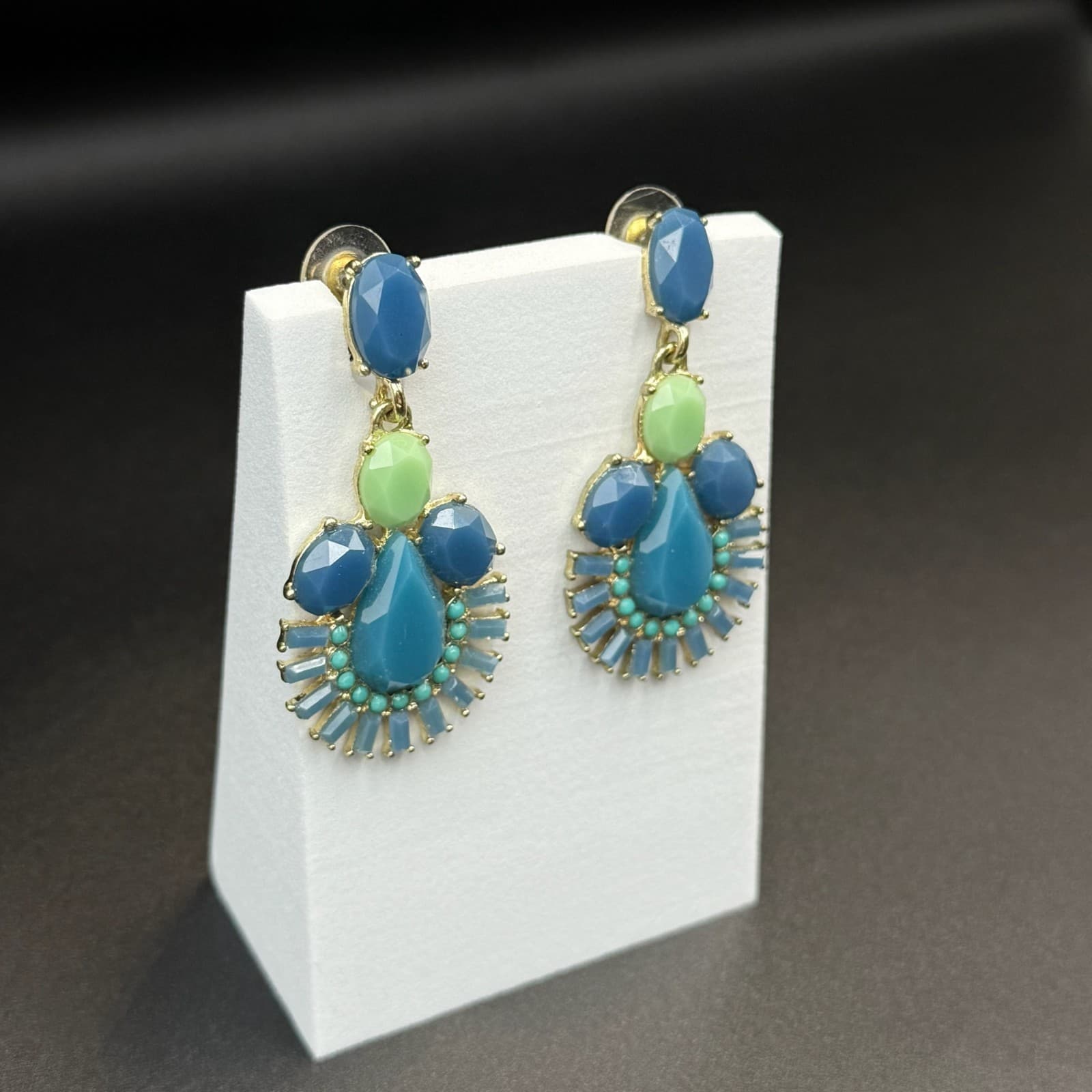 Vintage Beaded Stone Teardrop Gold Tone Chic Boho Stud Drop Chandelier Earrings - Thumbnail 7