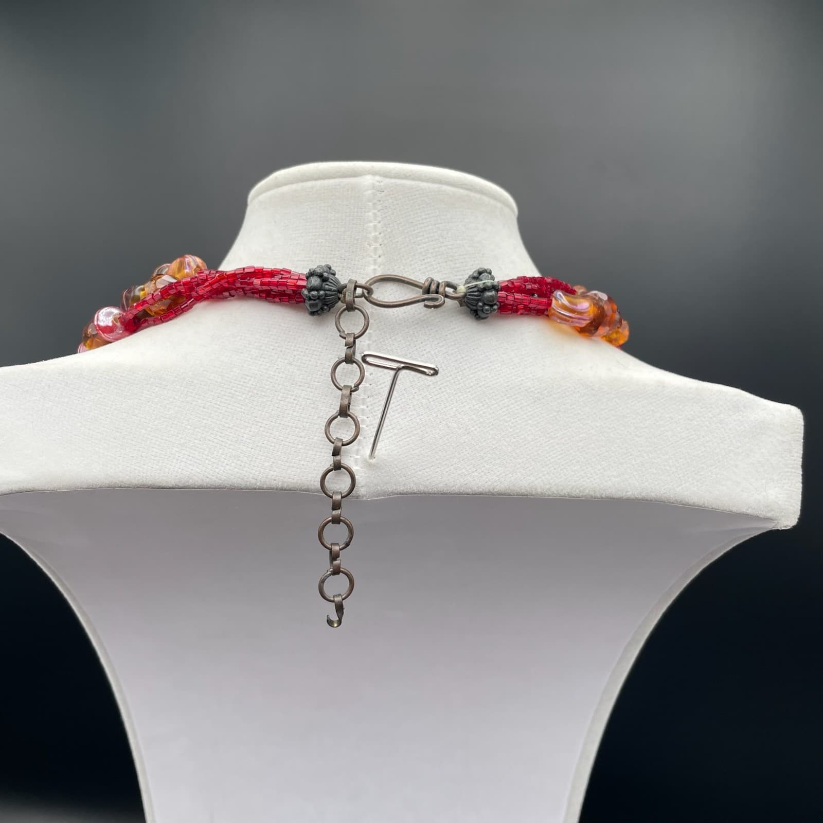 Vintage Multi Strand Red Amber Glass Seed Bead Statement Choker Necklace 20 in - Thumbnail 7