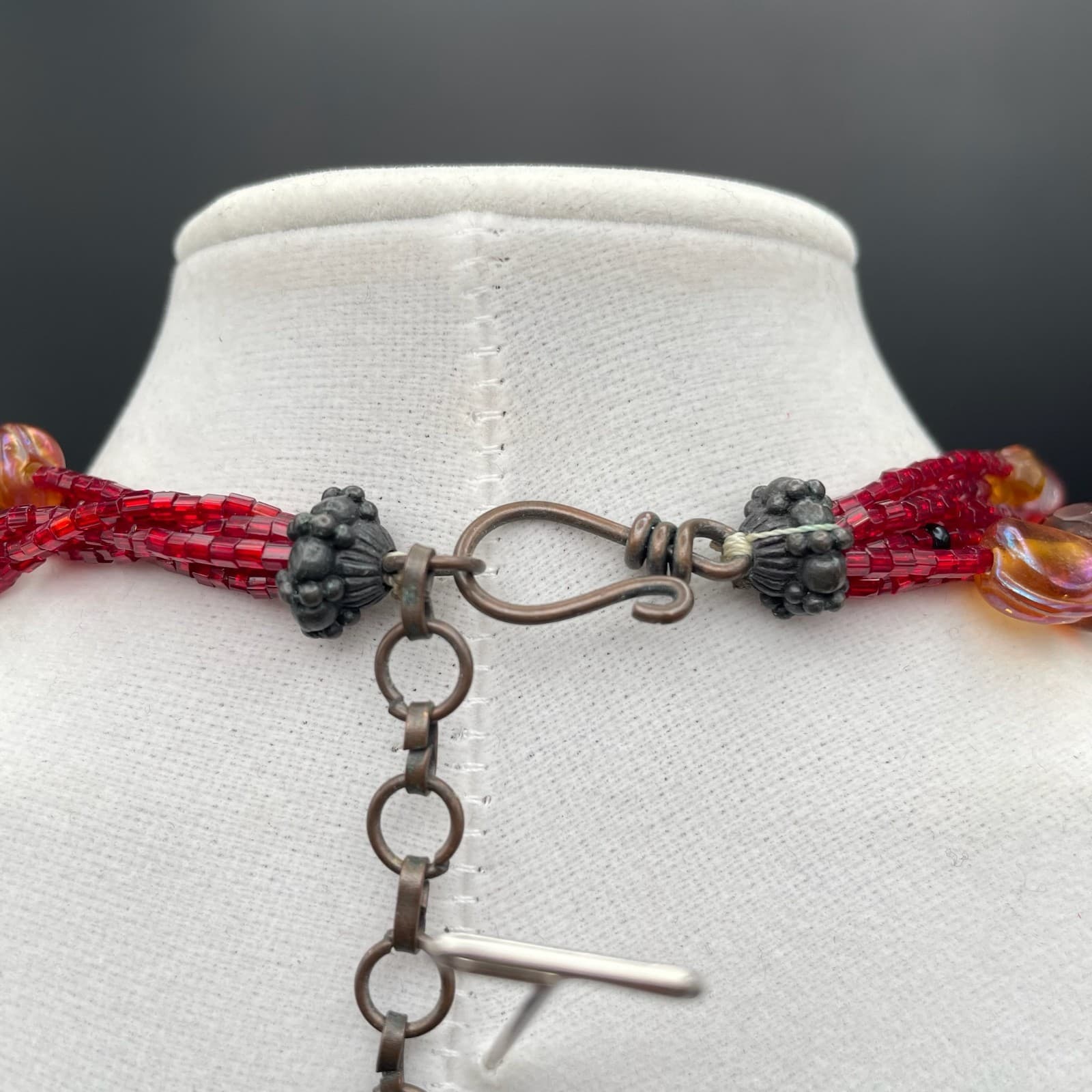 Vintage Multi Strand Red Amber Glass Seed Bead Statement Choker Necklace 20 in - Thumbnail 6