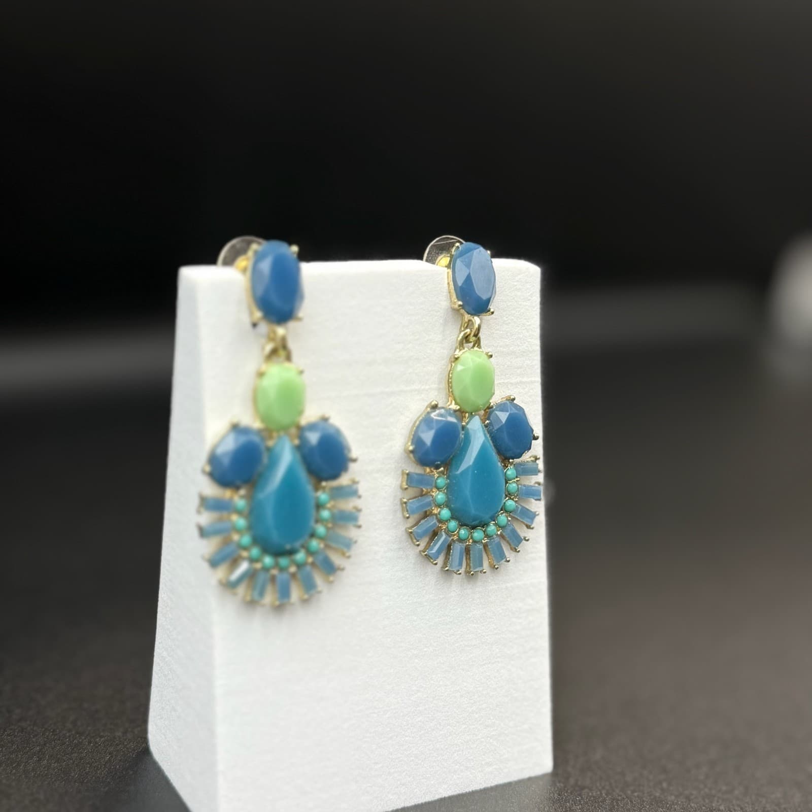 Vintage Beaded Stone Teardrop Gold Tone Chic Boho Stud Drop Chandelier Earrings - Thumbnail 5