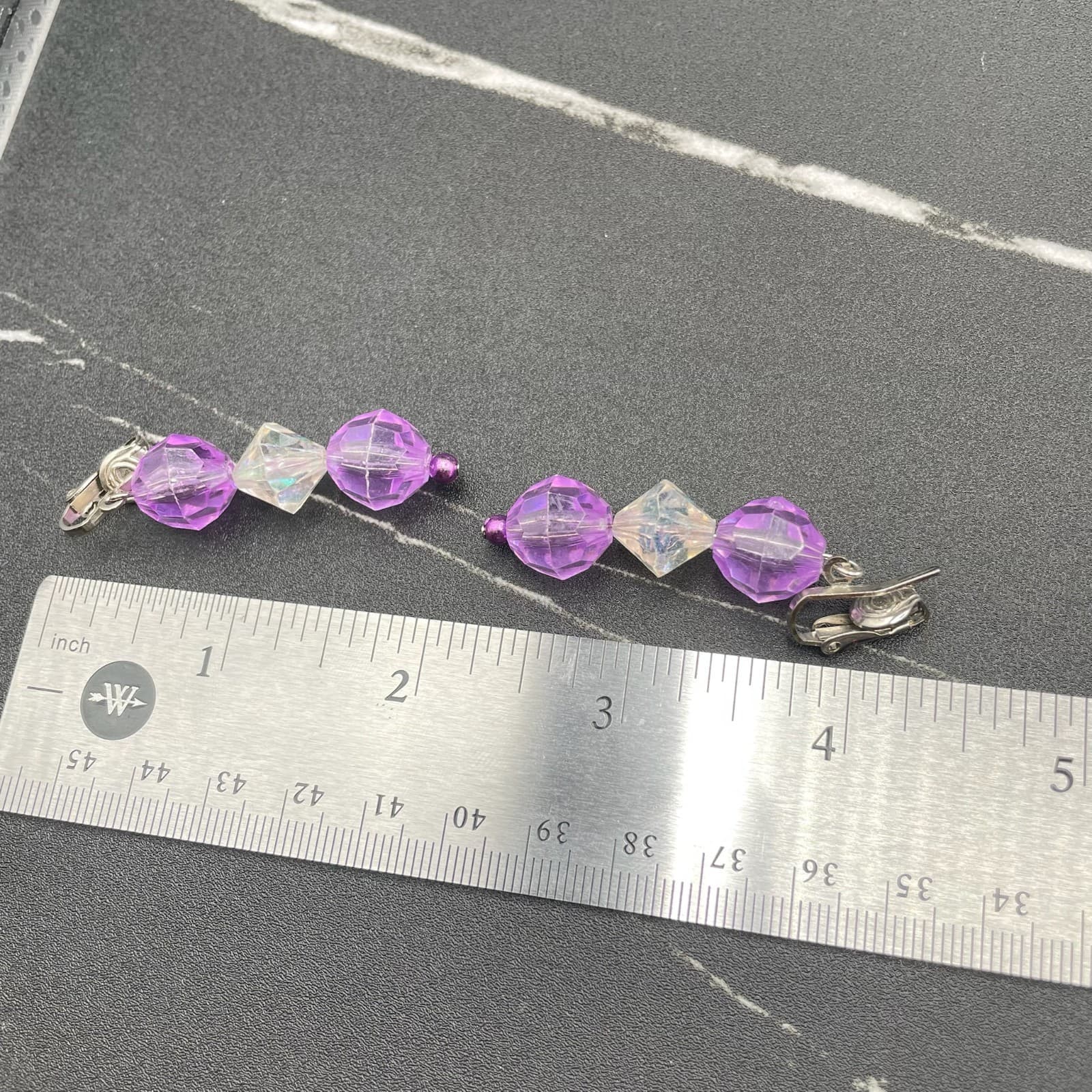 Vintage Lavender Translucent Faceted Beads Silver-Tone Plastic Clip-On Earrings - Thumbnail 9