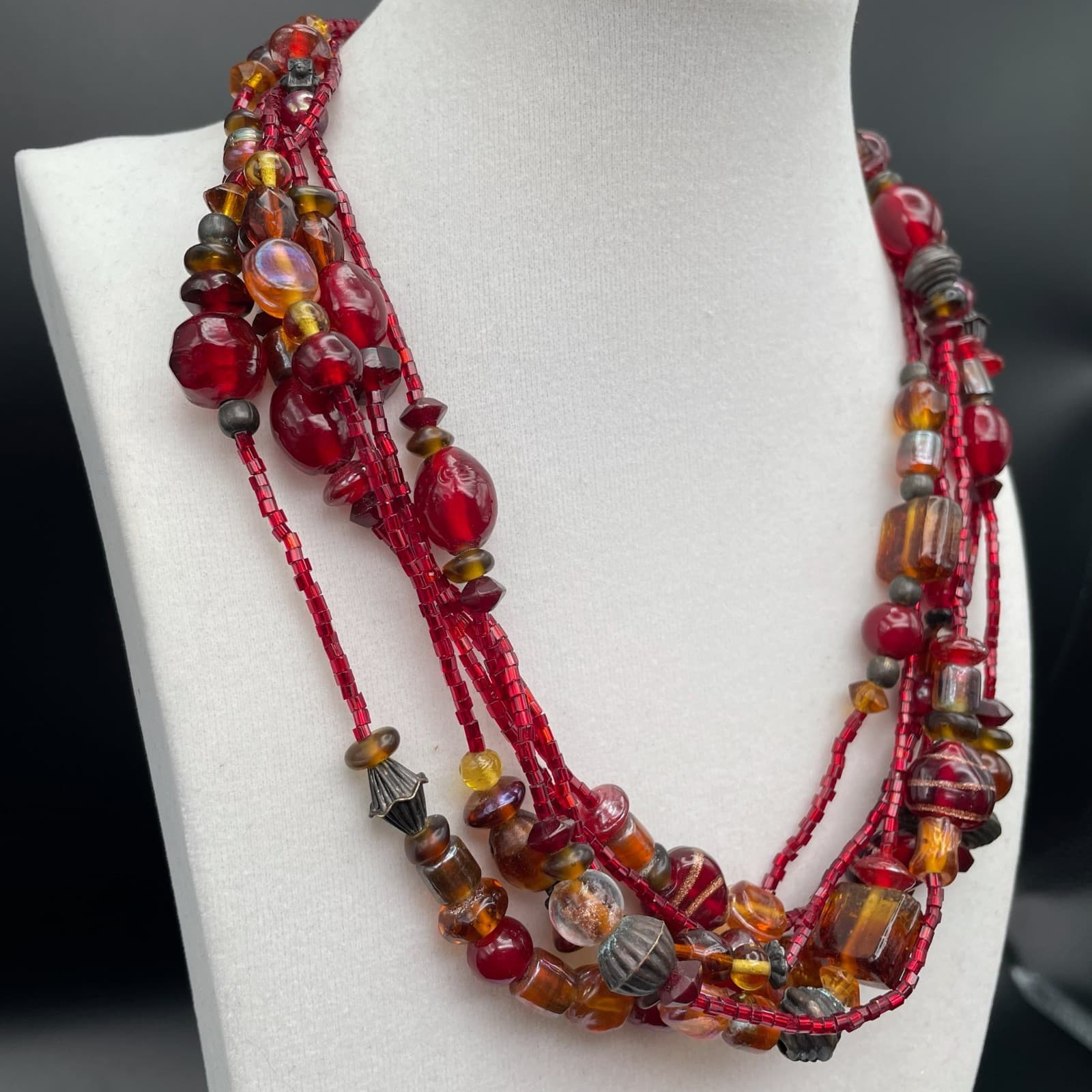 Vintage Multi Strand Red Amber Glass Seed Bead Statement Choker Necklace 20 in - Thumbnail 3