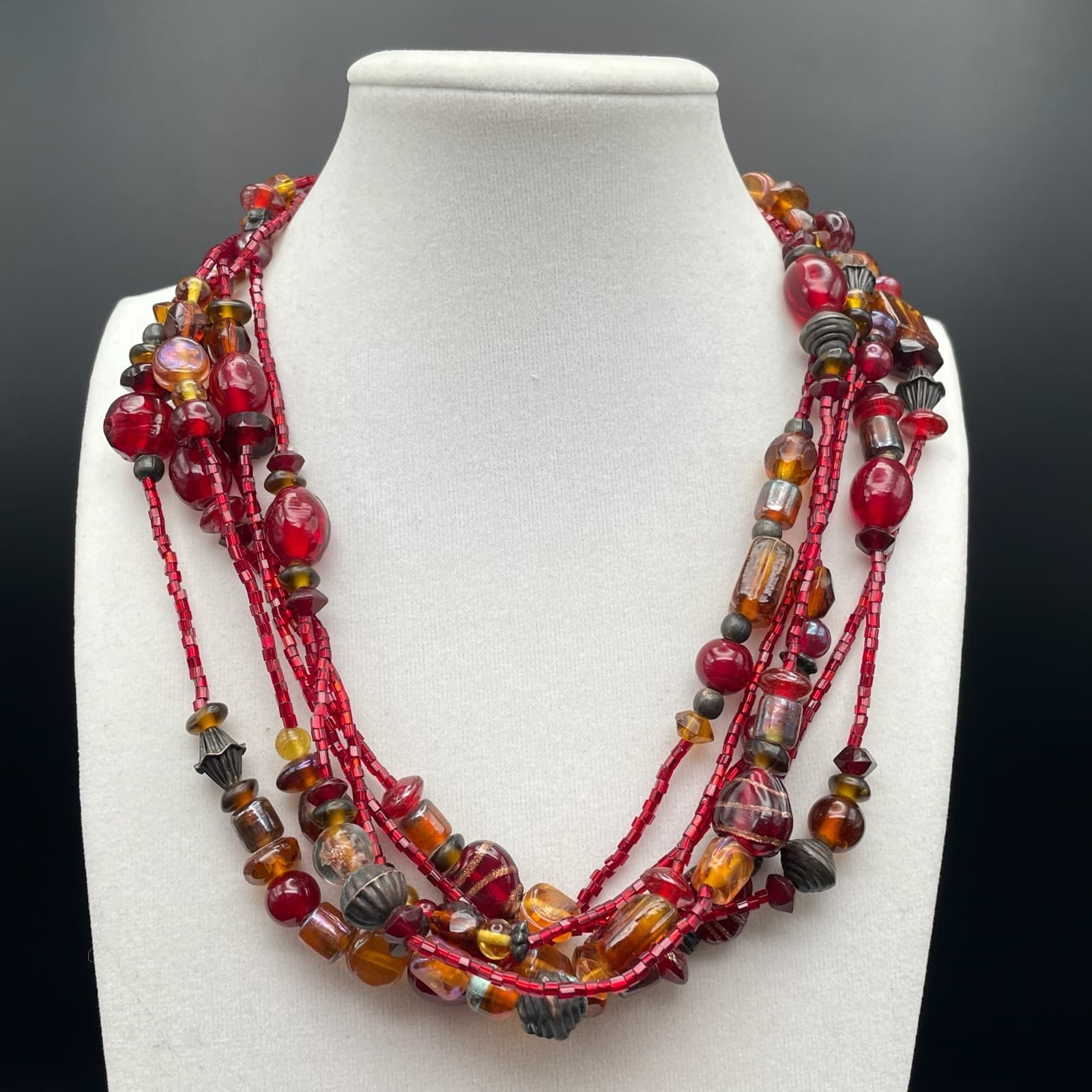 Vintage Multi Strand Red Amber Glass Seed Bead Statement Choker Necklace 20 in - Image 1