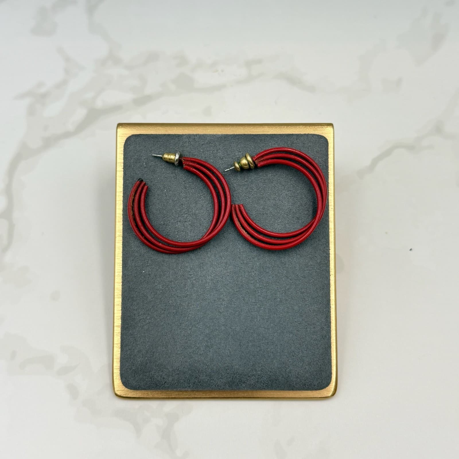 Vintage Red Triple Intertwined Silver Gold-Toned Retro Clip-On Hoop Earrings - Thumbnail 5