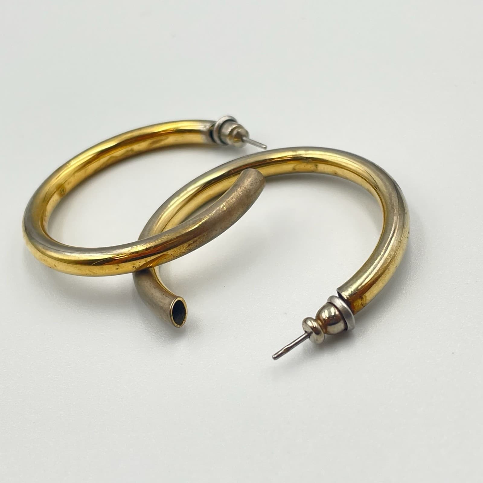 Vintage Thick Tube C-Hoop Earrings Gold/Silver Tone Post Modernist - Thumbnail 7