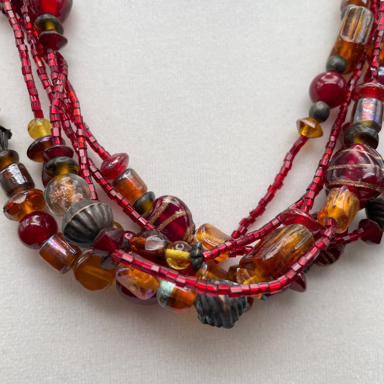Vintage Multi Strand Red Amber Glass Seed Bead Statement Choker Necklace 20 in - Thumbnail 4