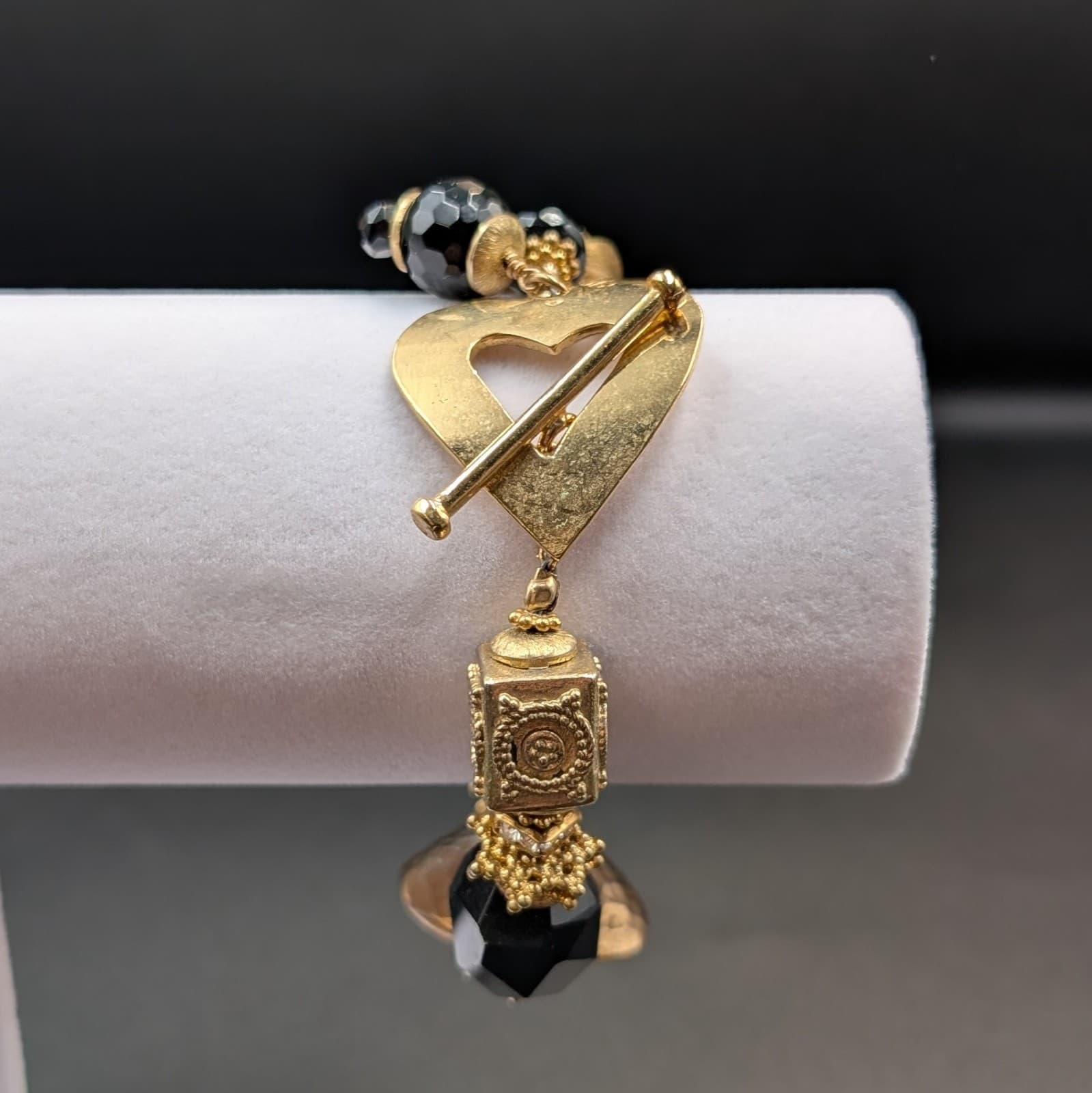 Vintage Gold Heart Dangle Brooch Black Beads Elegant Statement Pin 7in - Thumbnail 2