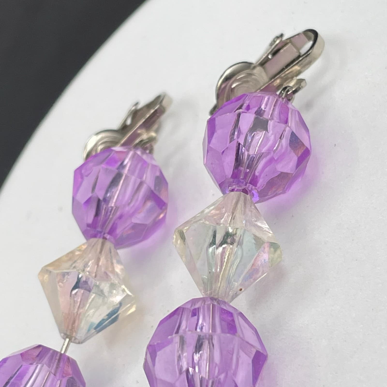 Vintage Lavender Translucent Faceted Beads Silver-Tone Plastic Clip-On Earrings - Thumbnail 5