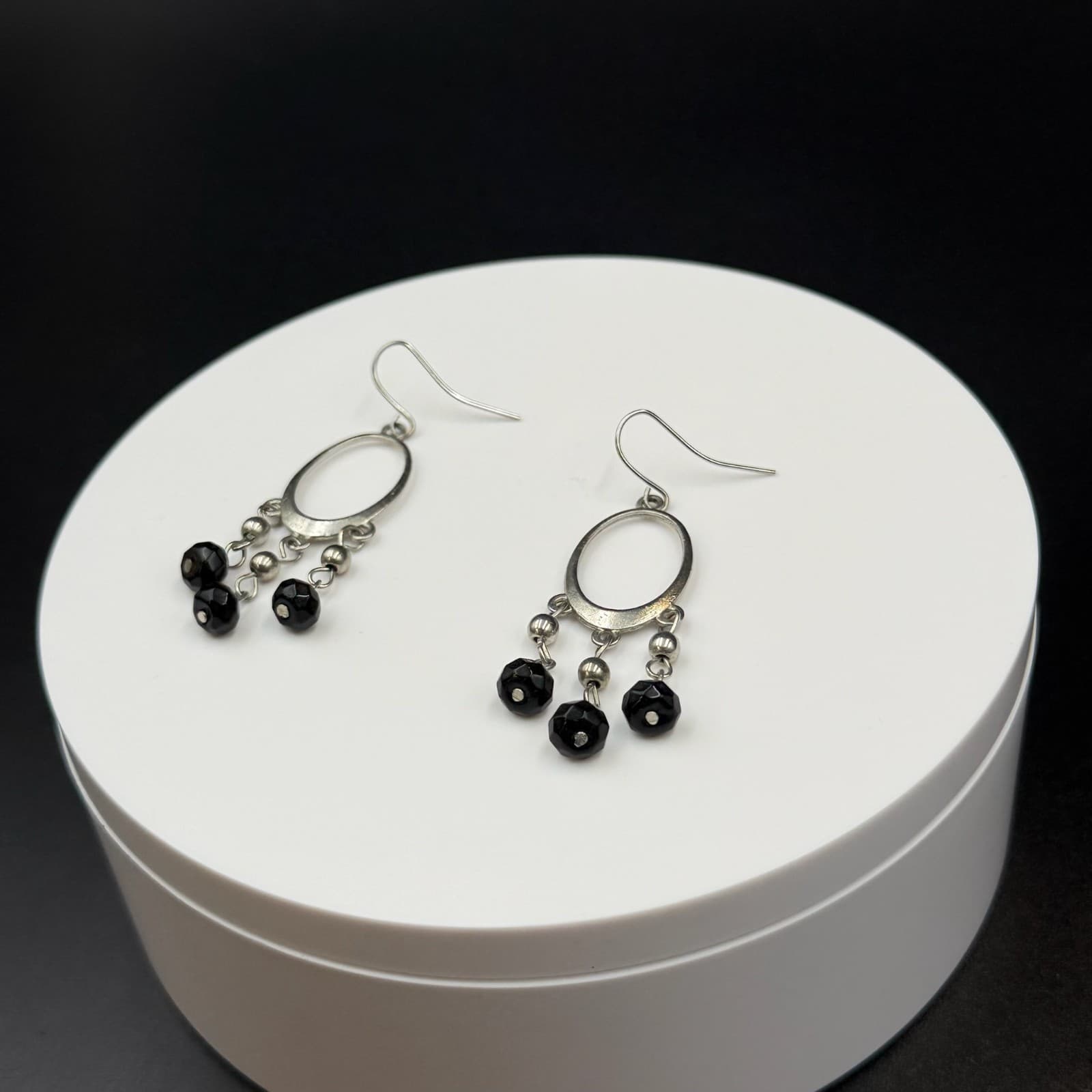 Vintage Victorian Revival Silver Tone Black Faceted Bead Dangle Hoop Chandelier - Image 1