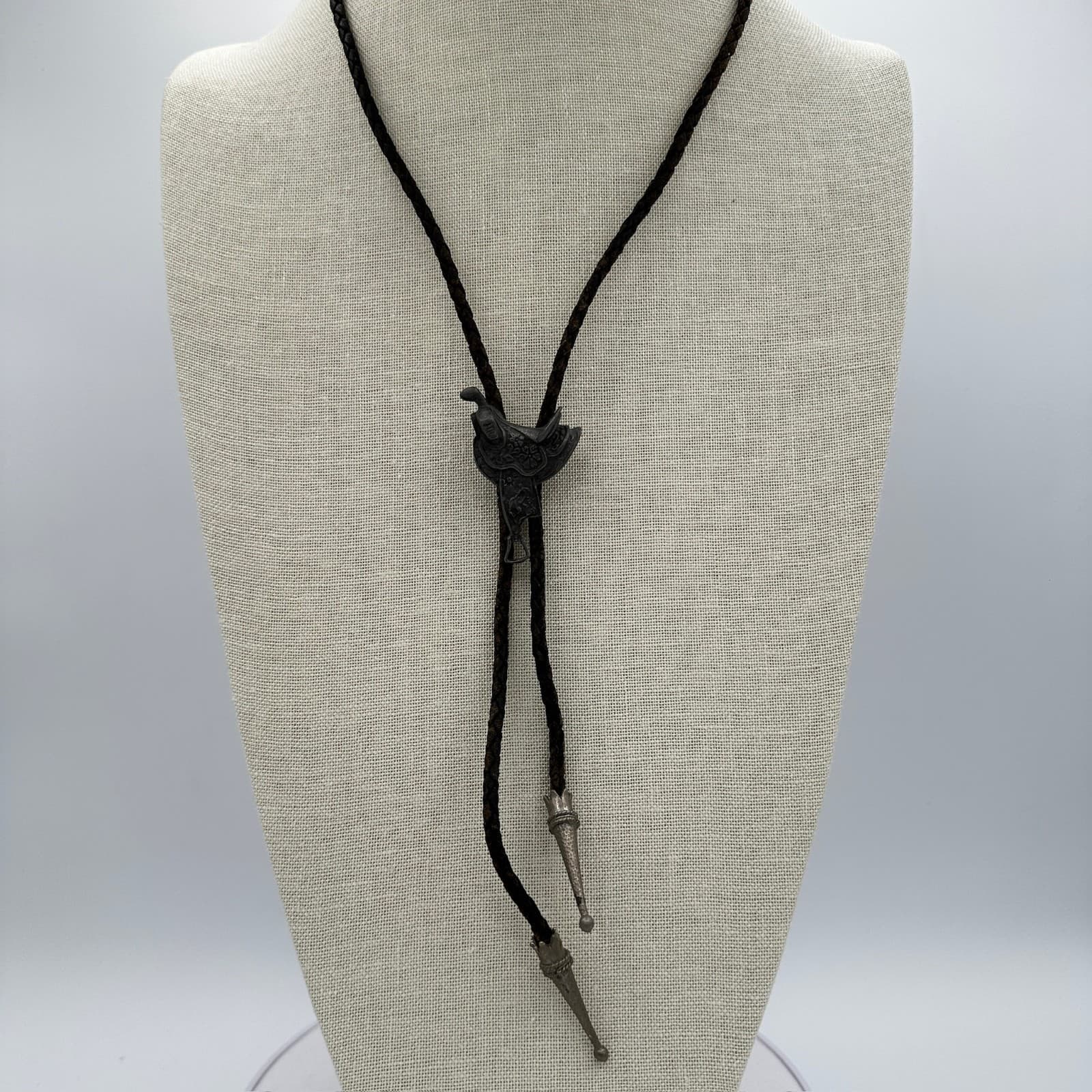 Vintage Western Bolo Tie w/ Eagle Slide Brown Braided Cord Style - Thumbnail 2