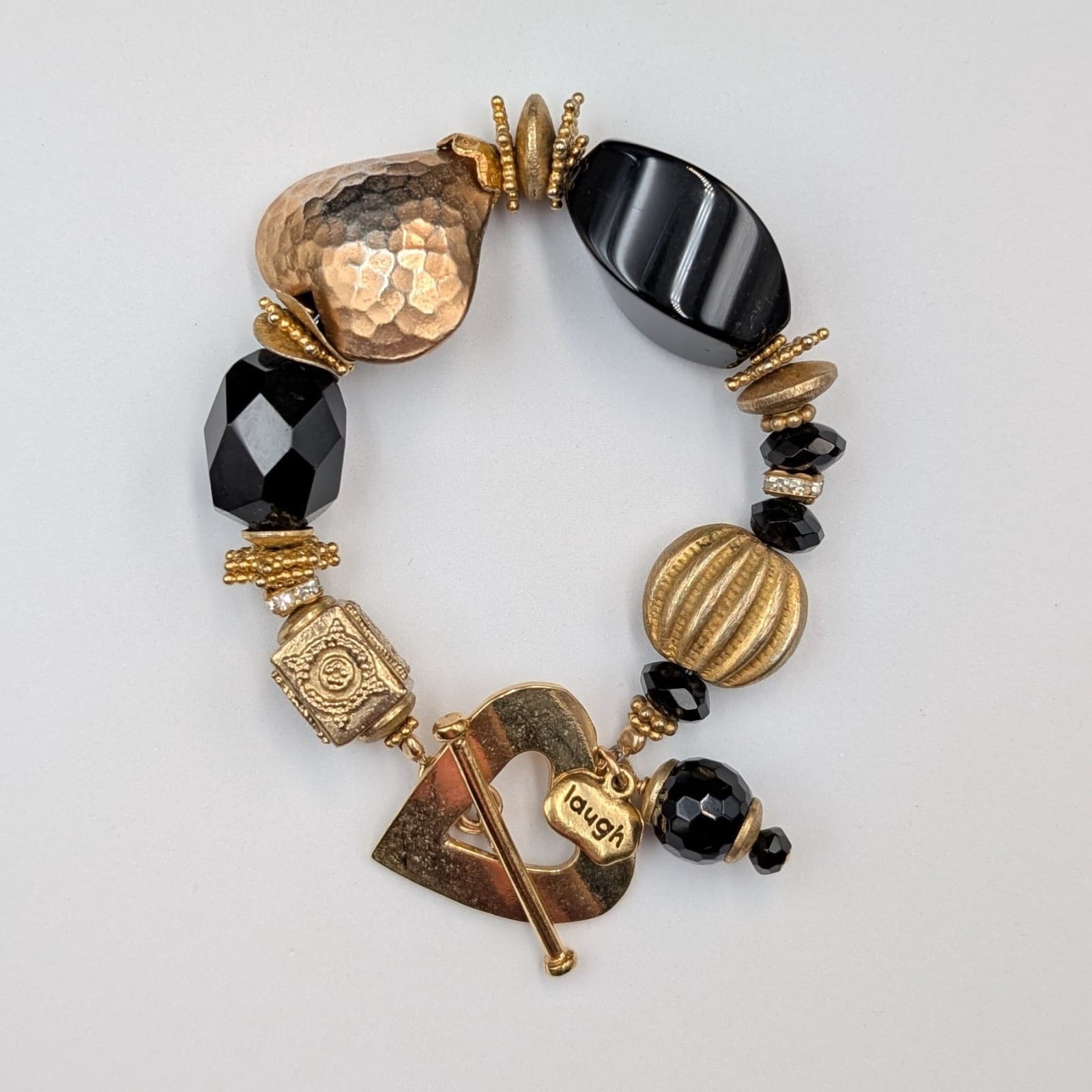 Vintage Gold Heart Dangle Brooch Black Beads Elegant Statement Pin 7in - Image 1