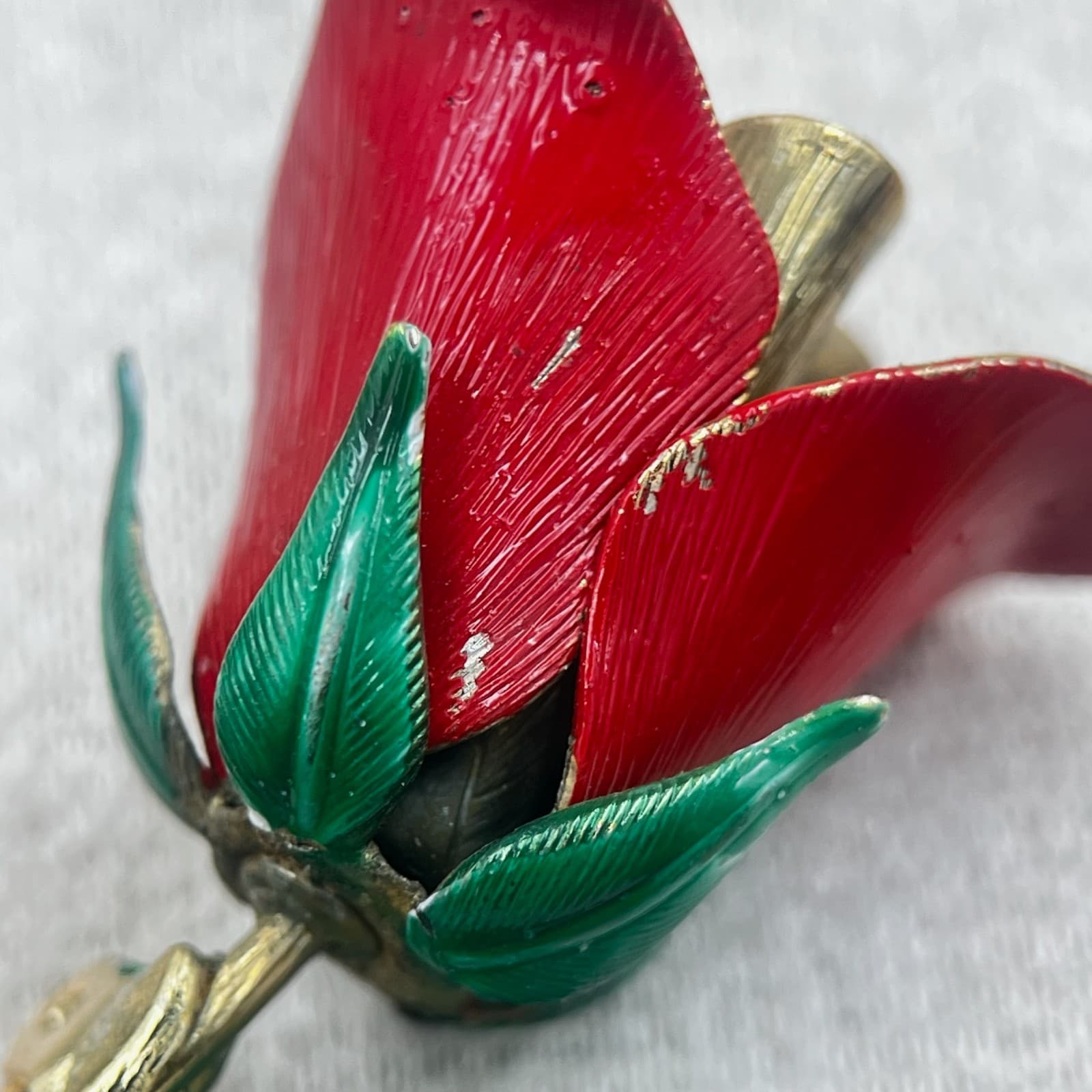 Vintage Gold Tone Red Rose Brooch Pin Painted Metal Flower - Thumbnail 5