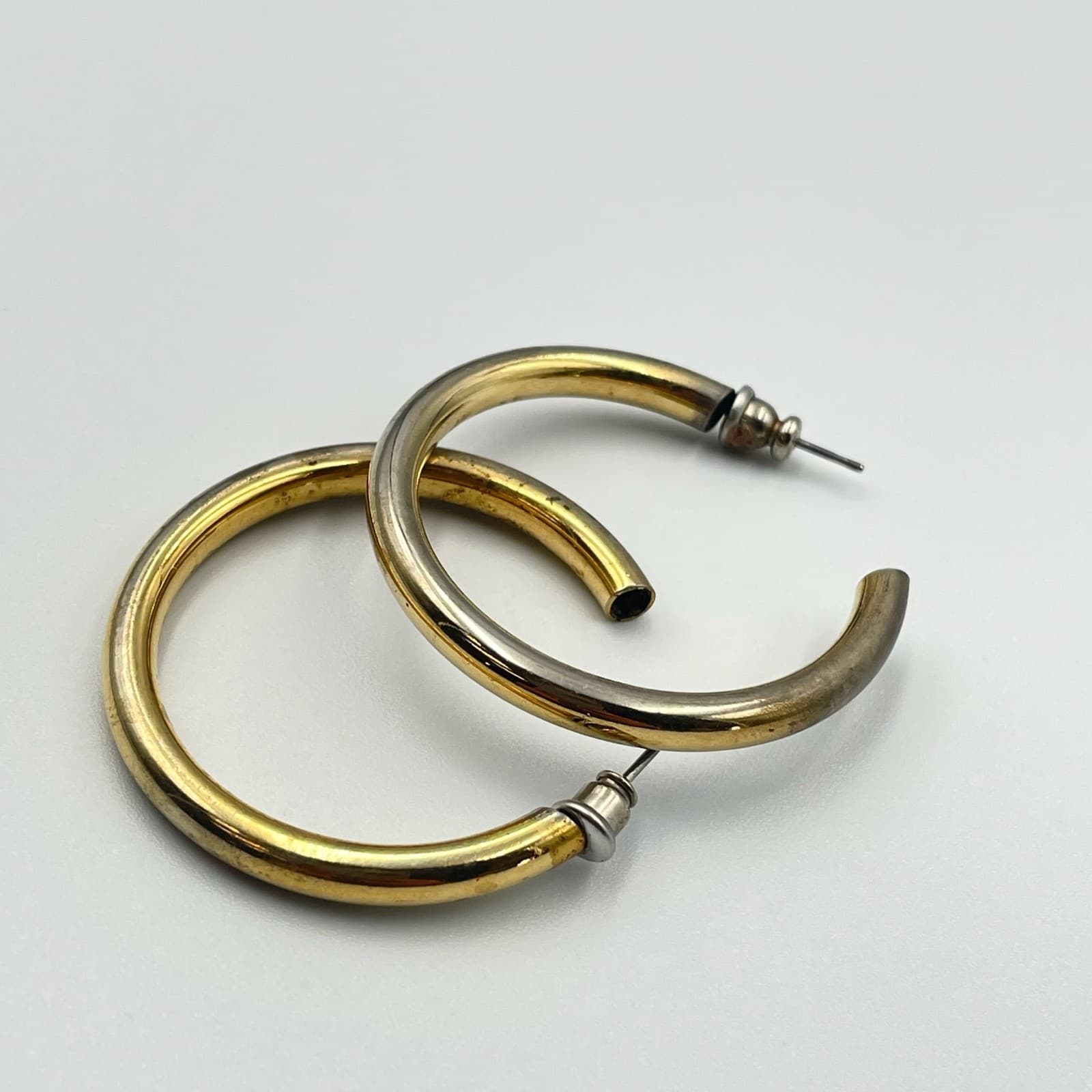 Vintage Thick Tube C-Hoop Earrings Gold/Silver Tone Post Modernist - Thumbnail 4