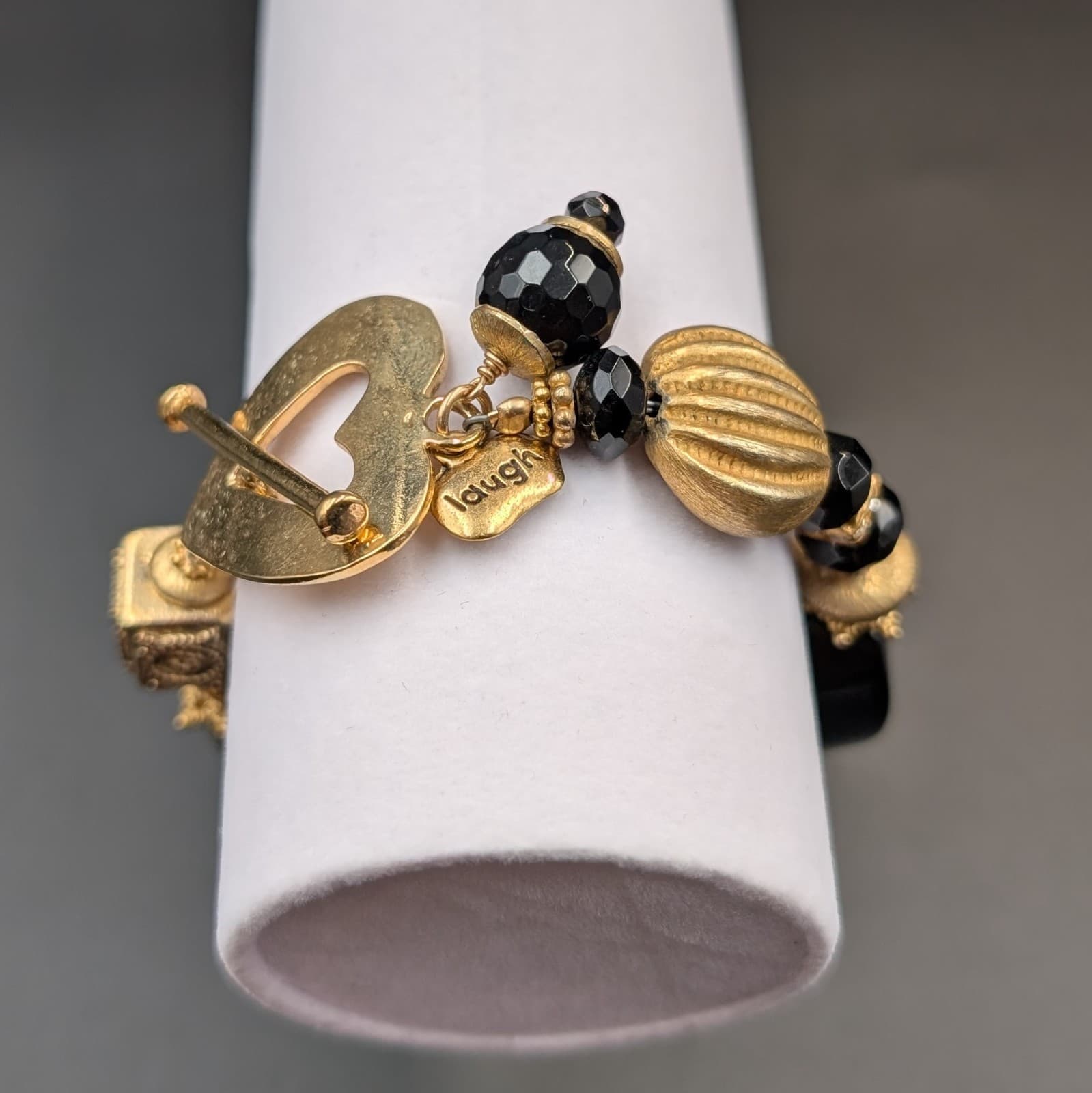 Vintage Gold Heart Dangle Brooch Black Beads Elegant Statement Pin 7in - Thumbnail 4
