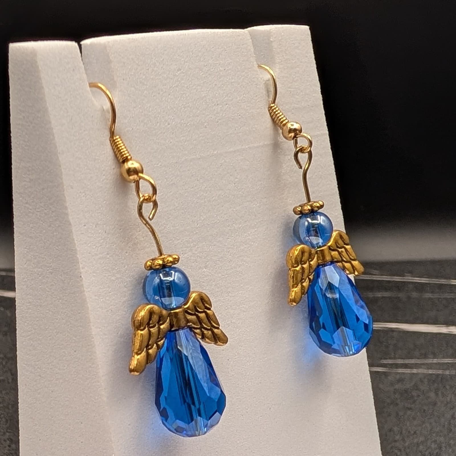 Vintage Blue Crystal Angel Dangle Earrings Gold Tone Wings Holiday Spiritual - Thumbnail 3