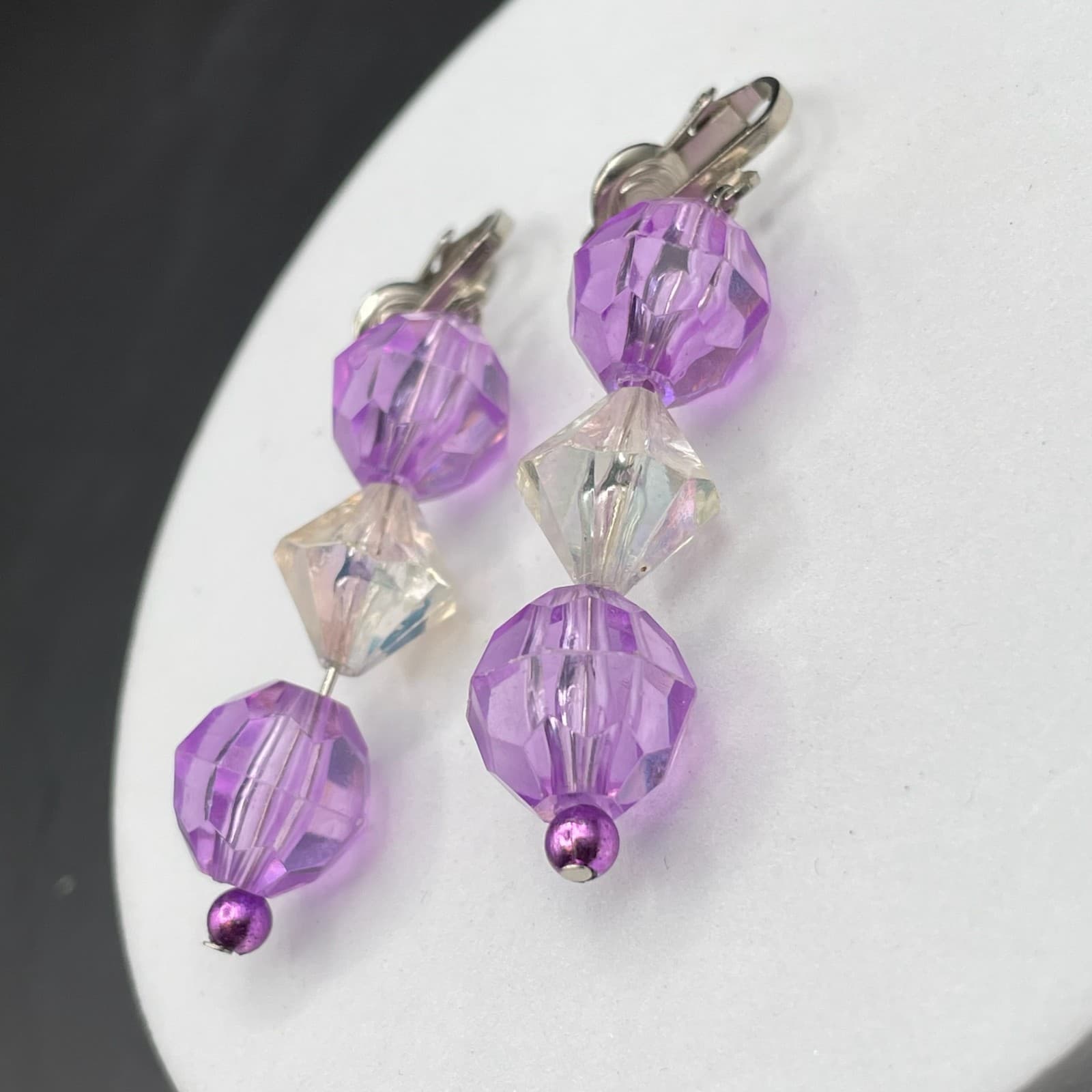 Vintage Lavender Translucent Faceted Beads Silver-Tone Plastic Clip-On Earrings - Thumbnail 4