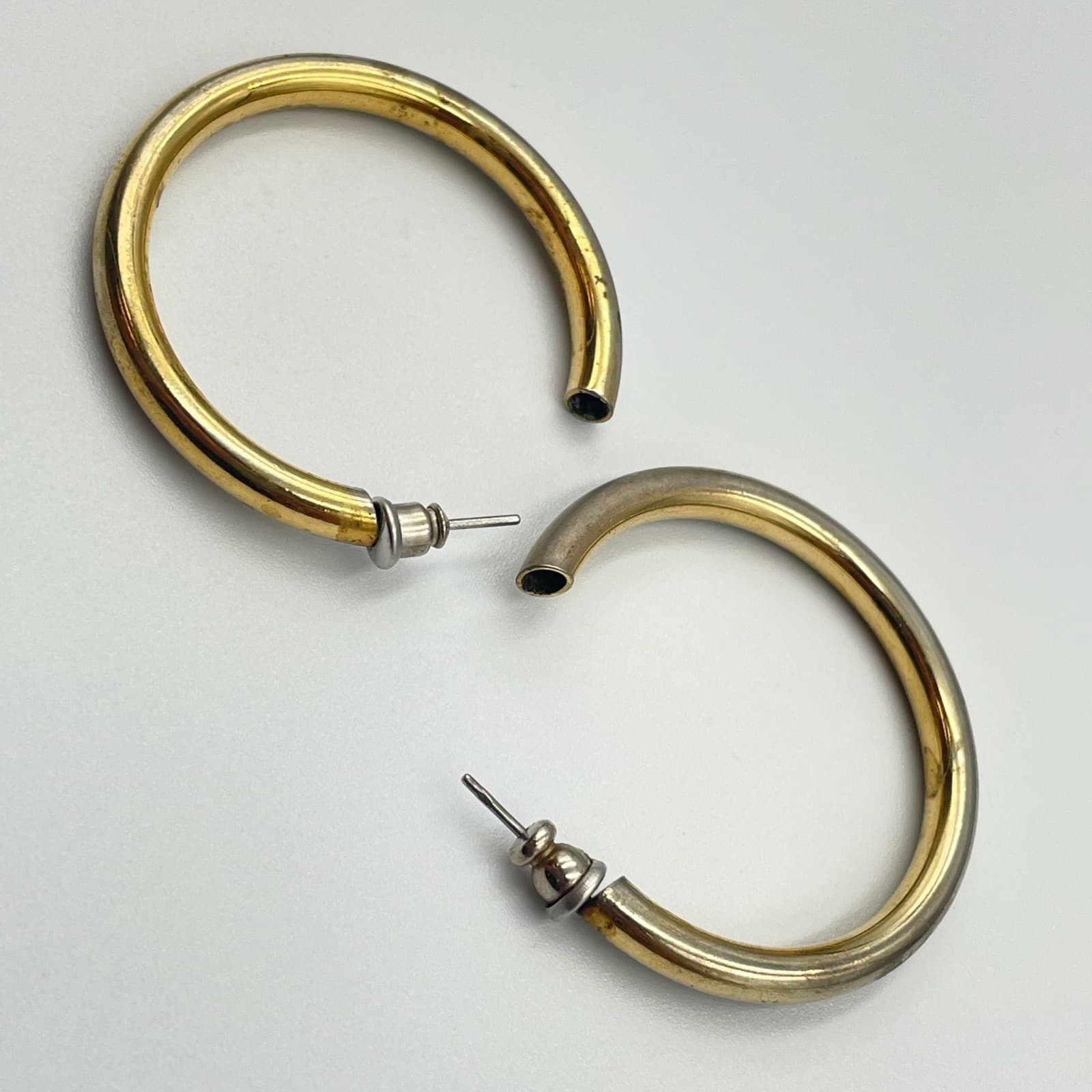 Vintage Thick Tube C-Hoop Earrings Gold/Silver Tone Post Modernist - Thumbnail 5