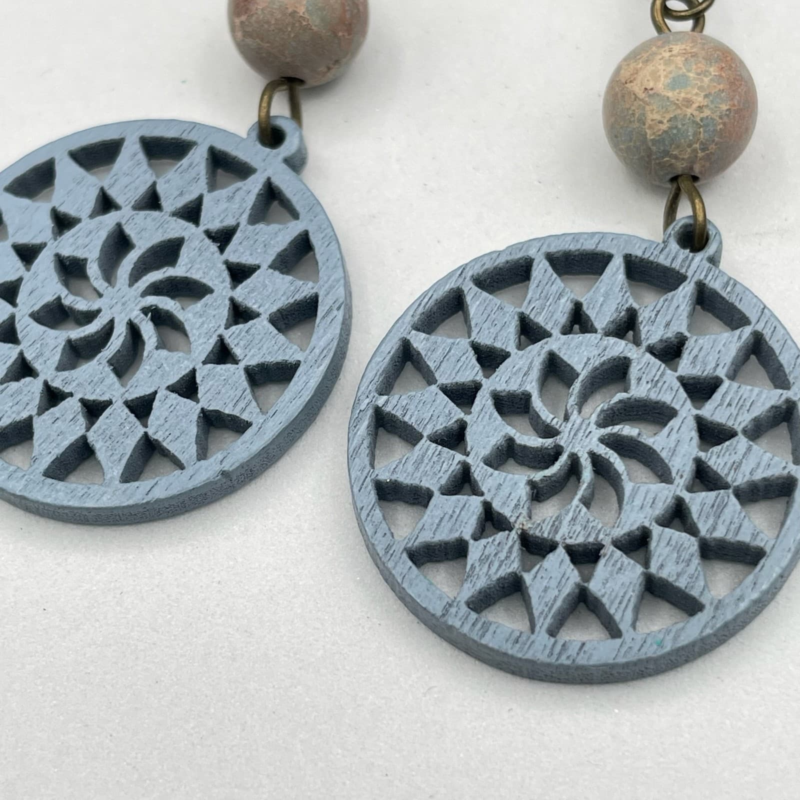 Vintage Blue Wooden Circle Clay Gold-Tone Floral Mandala Dangle Earrings - Thumbnail 3