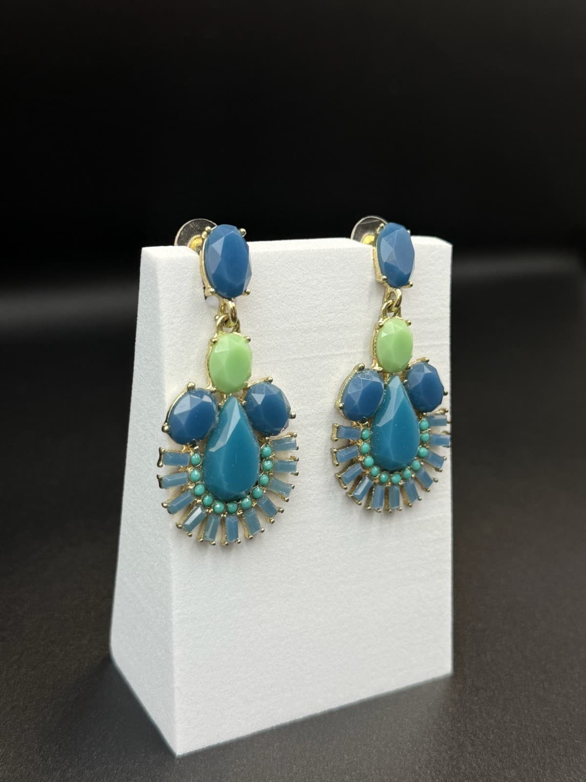 Vintage Beaded Stone Teardrop Gold Tone Chic Boho Stud Drop Chandelier Earrings - Thumbnail 6