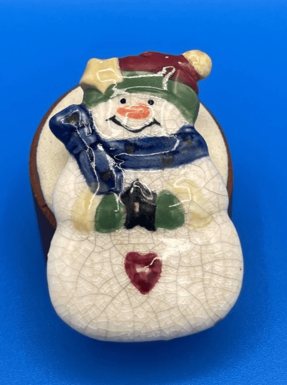 Vintage VTG GANZ Ceramic Crackle Snowman Brooch Pin Christmas Holiday Star Heart - Image 1