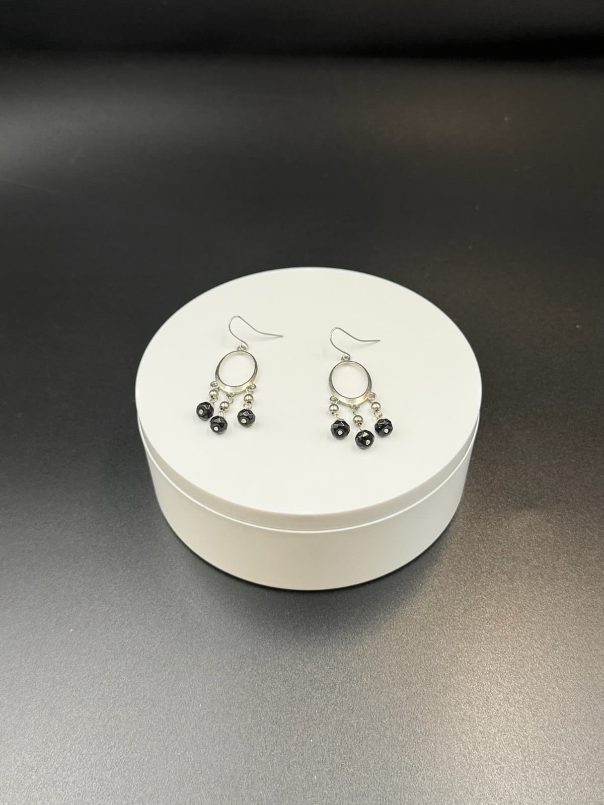 Vintage Victorian Revival Silver Tone Black Faceted Bead Dangle Hoop Chandelier - Thumbnail 2